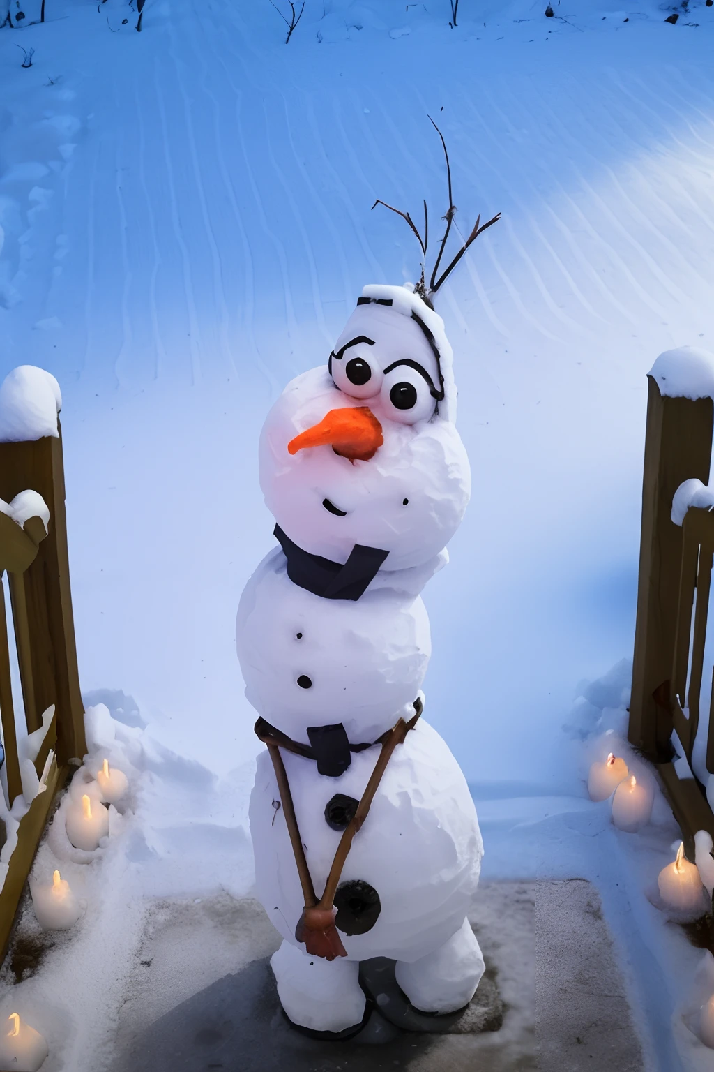 snowman with little bal size legs, 1 big body part, 1 litte body part and triangle shape face with big eyes and carrot