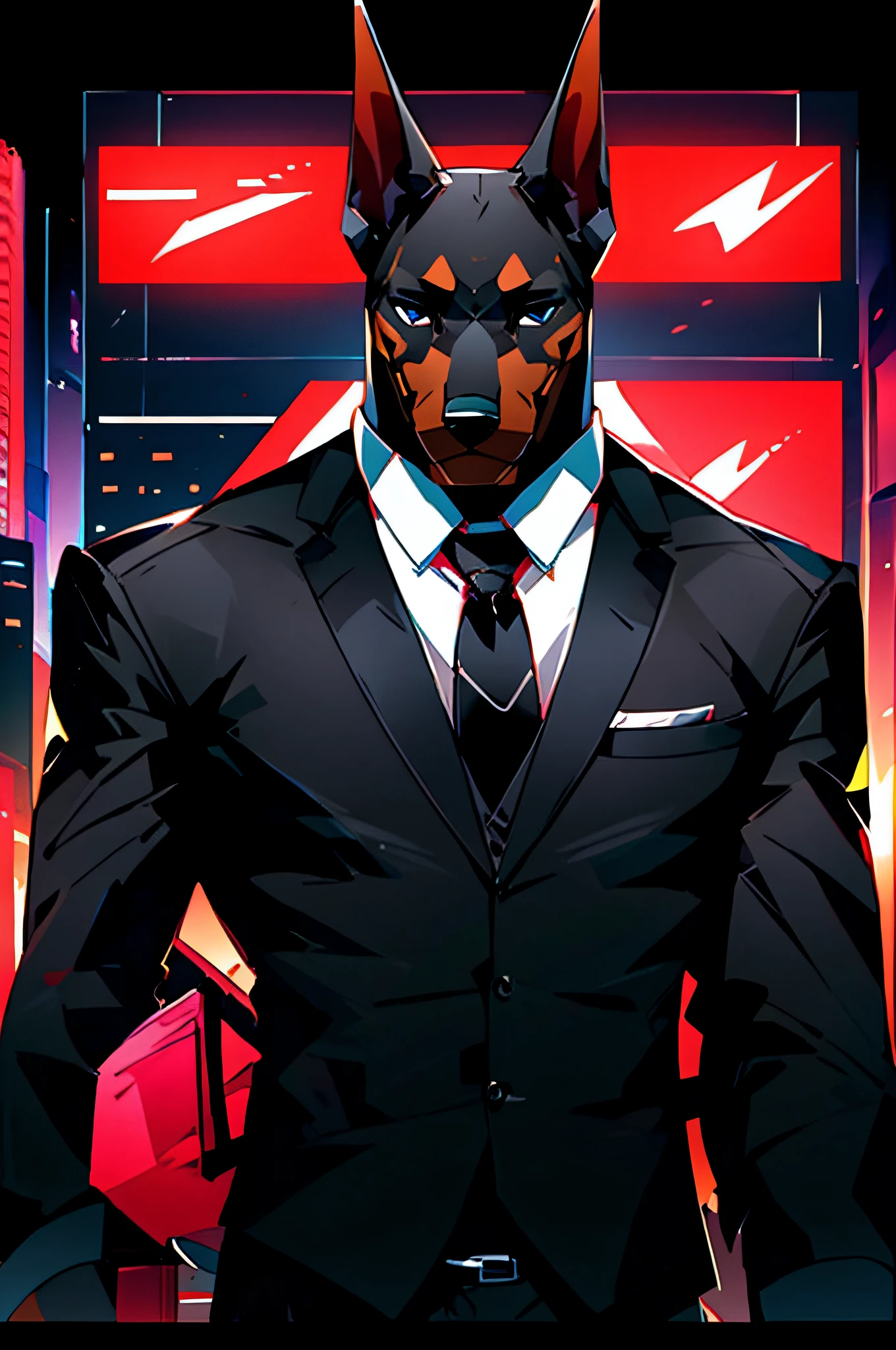 (Man in black suit and tie)comic strip、Anthropomorphic Doberman dog、cyberpunked