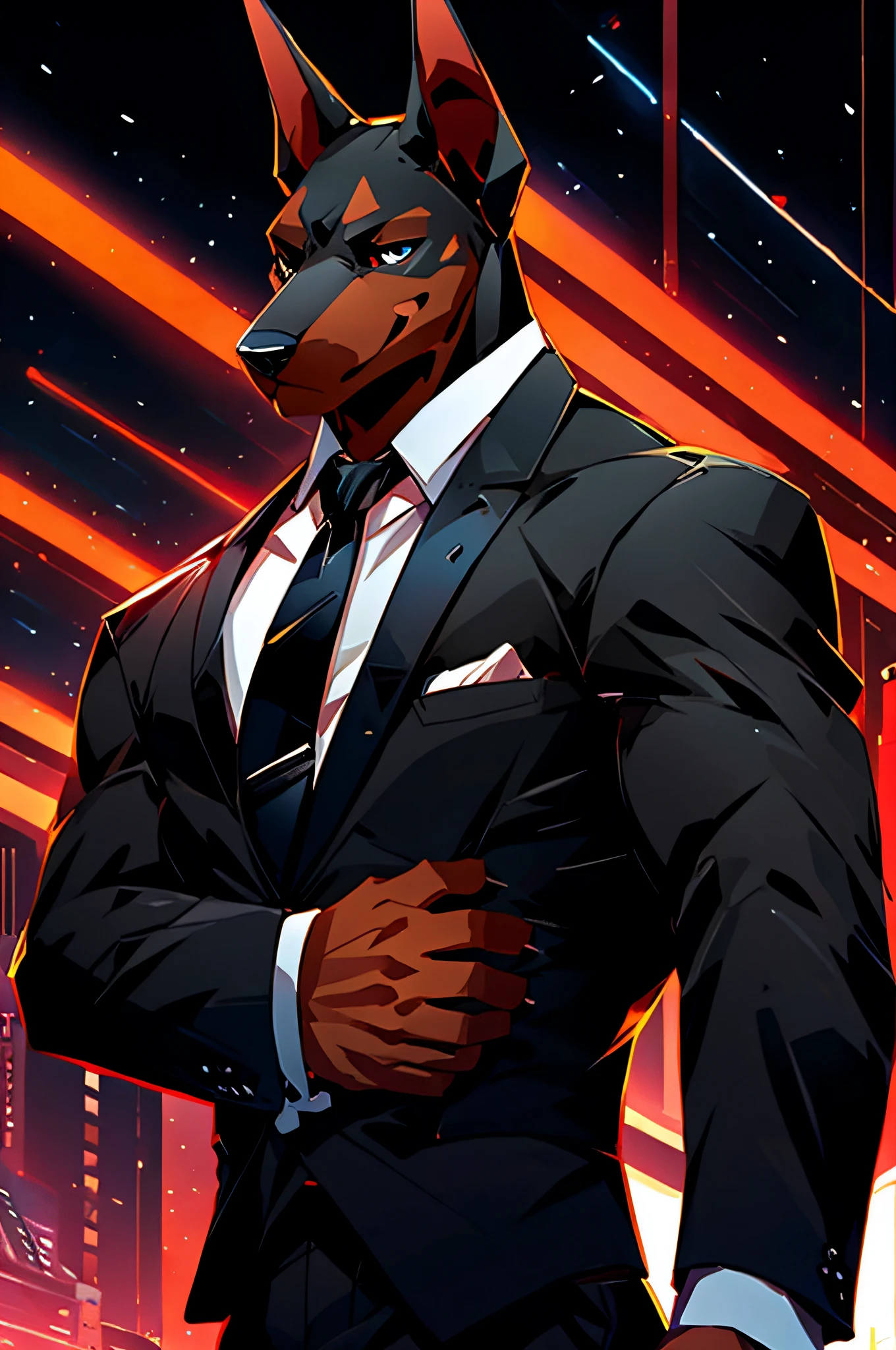 (Man in black suit and tie)comic strip、Anthropomorphic Doberman dog、cyberpunked