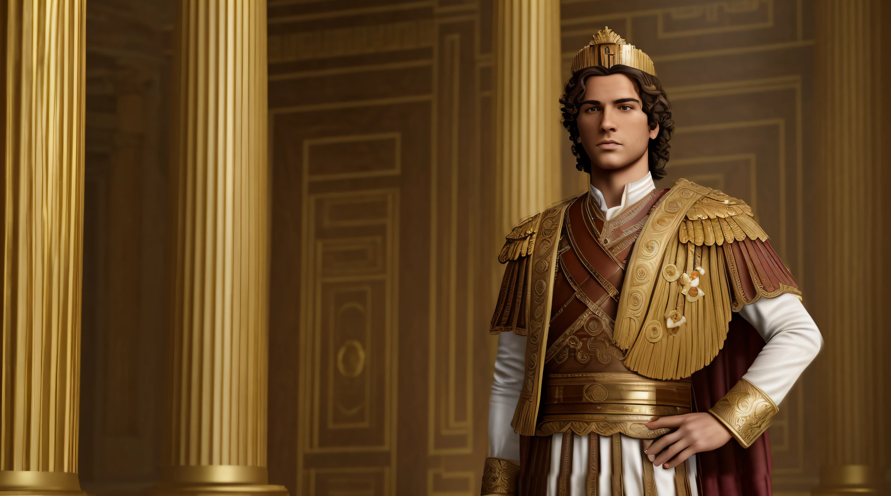 full body shot, (best quality,4k,8k,highres,masterpiece:1.2),ultra-detailed,(realistic,photorealistic,photo-realistic:1.37),handsome young man, looking powerful, detailed period clothing,detailed period accessories,realistic greek style,standing in front of his empire,golden crown,Alexander the Great