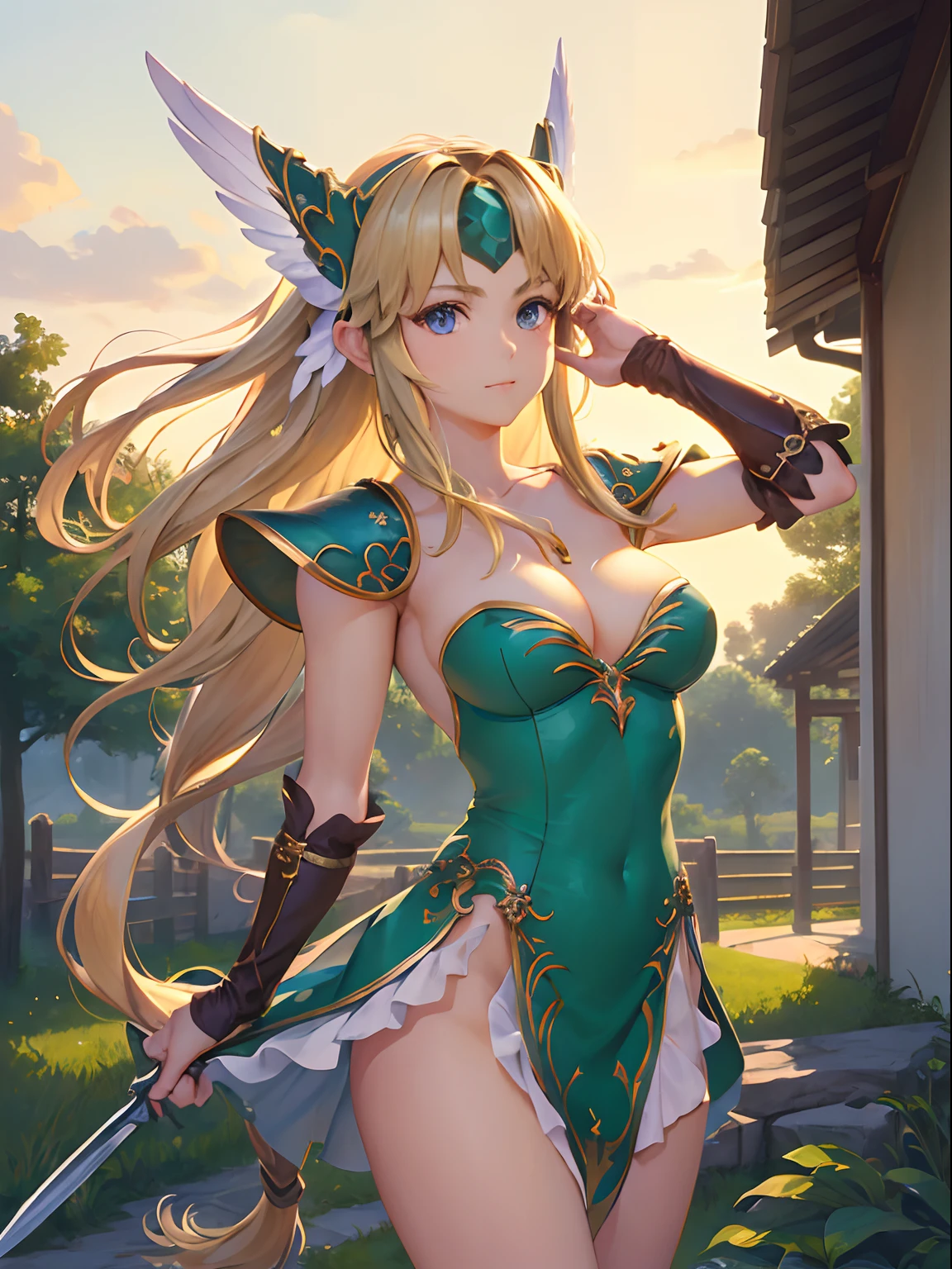 (masterpiece, best quality:1.2), cowboy shot, solo, 1girl, riesz, closed mouth, looking at viewer, hand on own face, low-tied long hair, winged helmet, dress, armor, shoulder armor, bridal gauntlets, cleavage,holding weapon,cowboy shot,attacked