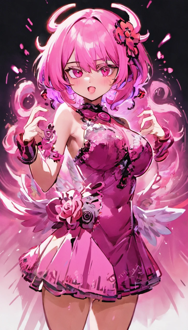 <lora:liliana_melody:1>, liliana_melody, 1girl, solo, breasts, large breast, medium breasts, short hair, (pink hair:1.6), bangs, pink eyes, blonde hair, thighhighs, gloves, hat, animal ears, tail, heart, parted lips, shorts, alternate costume, dress, skirt, white gloves, elbow gloves, white thighhighs, fox ears, fox tail, multiple tails, high heels, realistic, magical girl, hat, mini hat, idol
