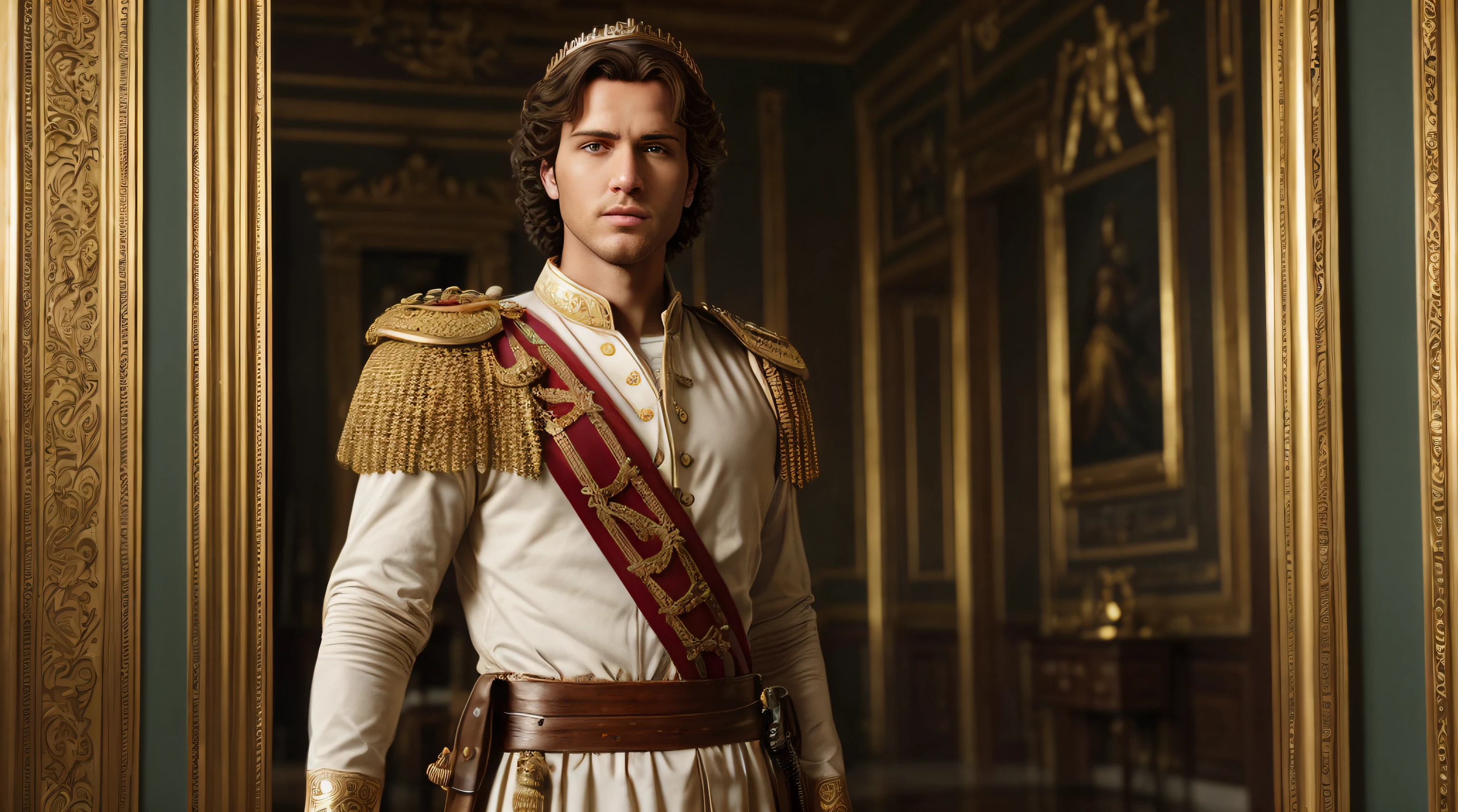 (best quality,4k,8k,highres,masterpiece:1.2),ultra-detailed,(realistic,photorealistic,photo-realistic:1.37),handsome young man,detailed period clothing,detailed period accessories,realistic greek style,standing in front of his empire,golden crown,Alexander the Great