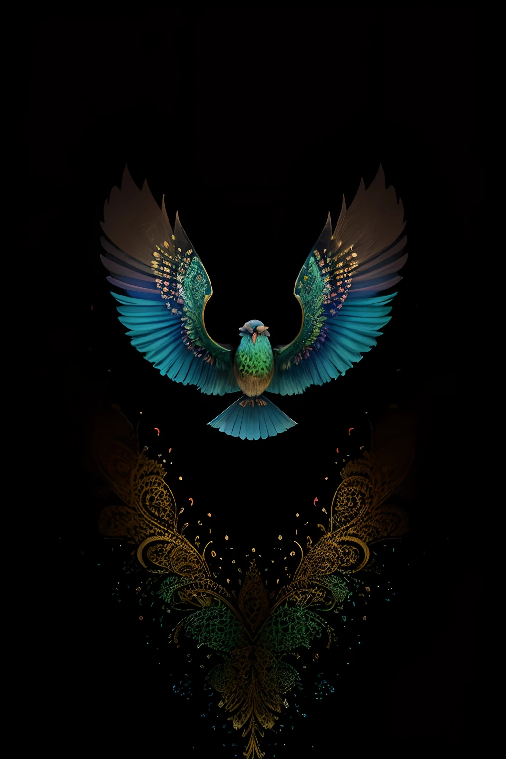 (best quality,4k,8k,highres,masterpiece:1.2),detailed bird with intricate Thai-patterned feathers, flying, vibrant illustration with colorful and exquisite texture, soft lighting, against a serene background