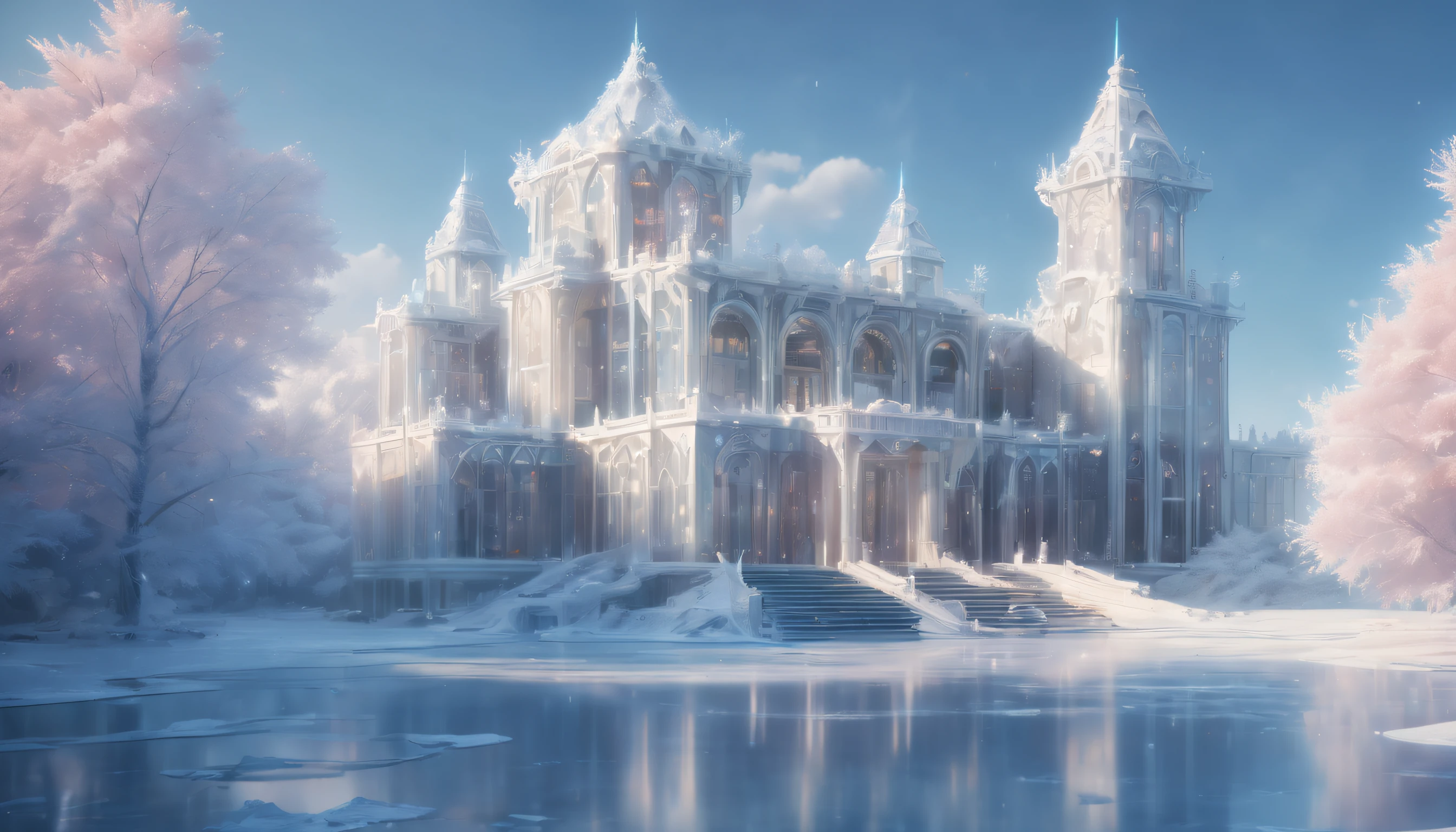 A magical world, white castle, (((transparent building))), (Floating in the sky:1.5), (White clouds on the ground:1.5), (((rime ice tiles))), (((rime ice column))), Nice colorful light decoration, (Frozen Palace:1.5), best qualtiy, detailed building, Photorealistic, Cinematic lighting, masterpiece, 8k