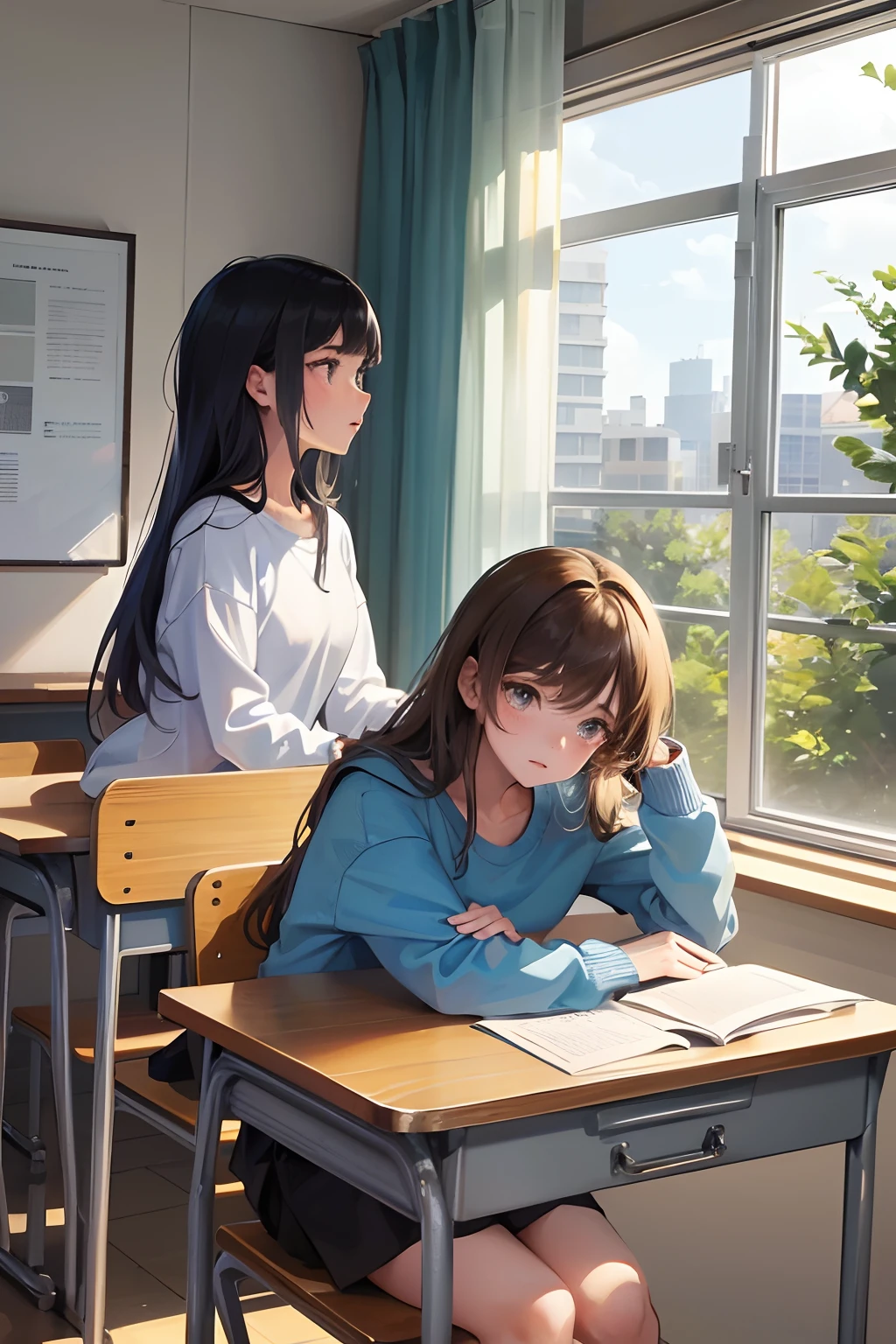 (((skinny age girl))), classroom, (wary:0.3), (scared:0.3), beautiful wild hair, looking to the side, masterpiece, very detailed, healthy