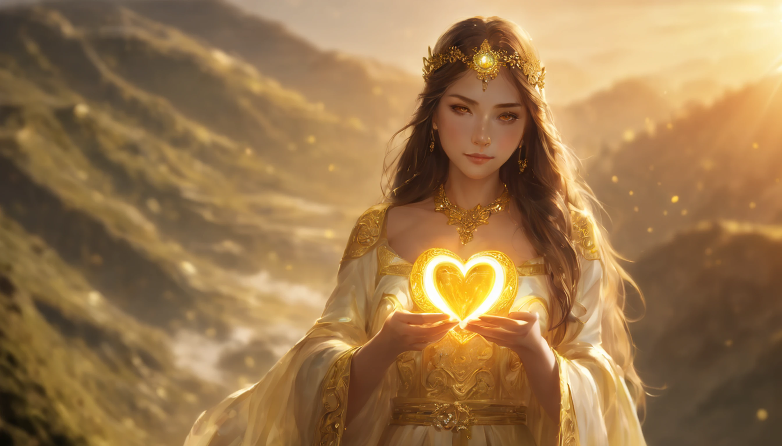 Deusa Dourada Freyer, Deusa Majestosa do Amor e da Magia, Your hands glow with mysterious power.Her hands glow warm and enchanting.His presence is a light of hope and joy.Her golden aura is、It is a glowing golden aura of love and protection.Brilho da estrela cadente、Luar dourado、Dedo bonito、Detailed heart glow at your fingertips、