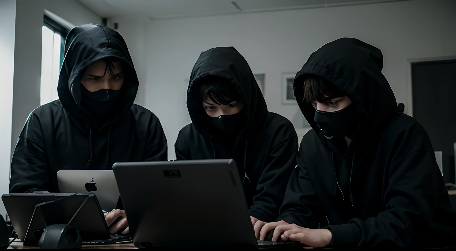 A group of hackers in a room wearing black hoodie and mask and working on computer