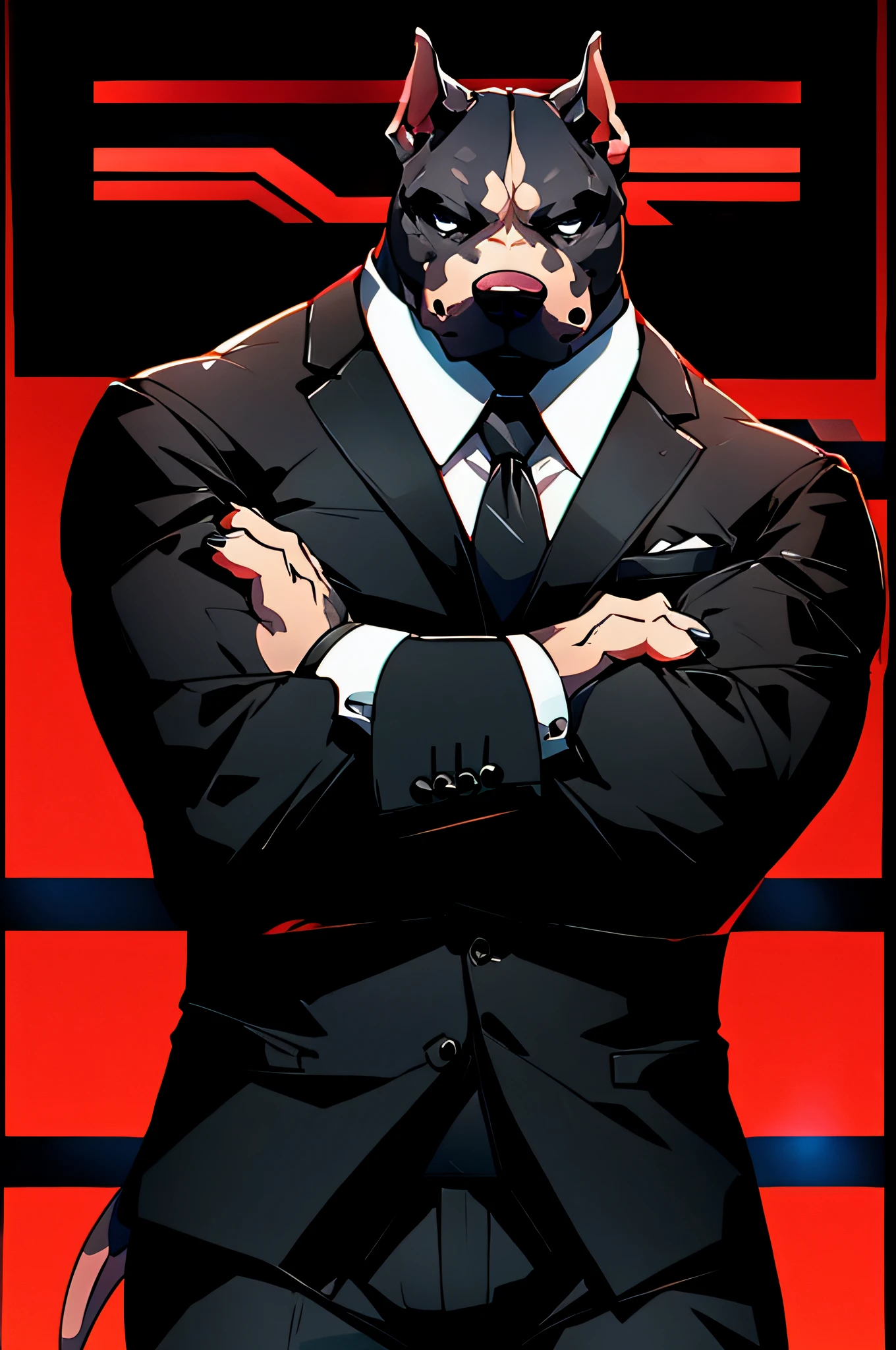 (Man in black suit and tie)comic strip、Anthropomorphic Pit Bull Dog、cyberpunked