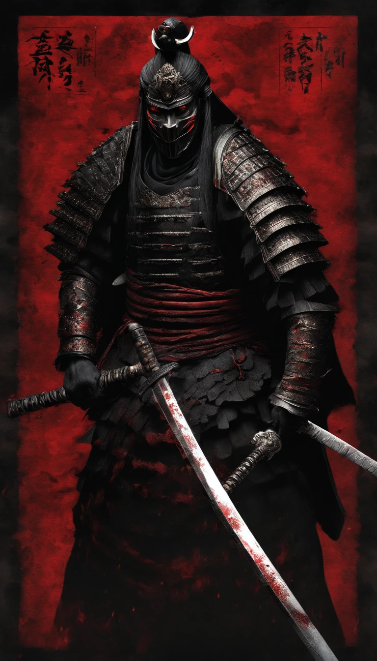 (best quality,4k,8k,highres,masterpiece:1.2),ultra-detailed,realistic:1.37,a samurai in the Sengoku period of Japan,wearing complete samurai armor,black samurai mask,holding a sharp samurai sword,the intense sense of oppression,glowing red eyes