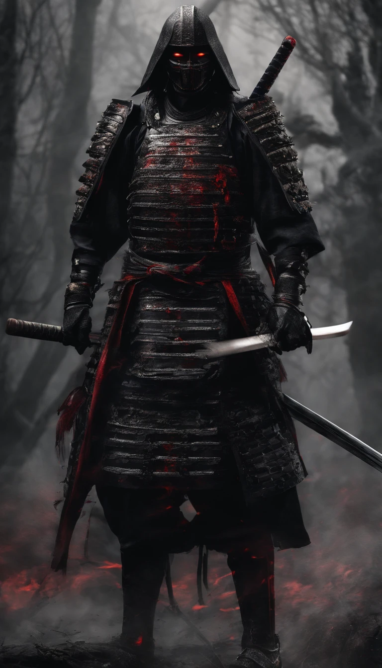 (best quality,4k,8k,highres,masterpiece:1.2),ultra-detailed,realistic:1.37,a samurai in the Sengoku period of Japan,wearing complete samurai armor,black samurai mask,holding a sharp samurai sword,the intense sense of oppression,glowing red eyes