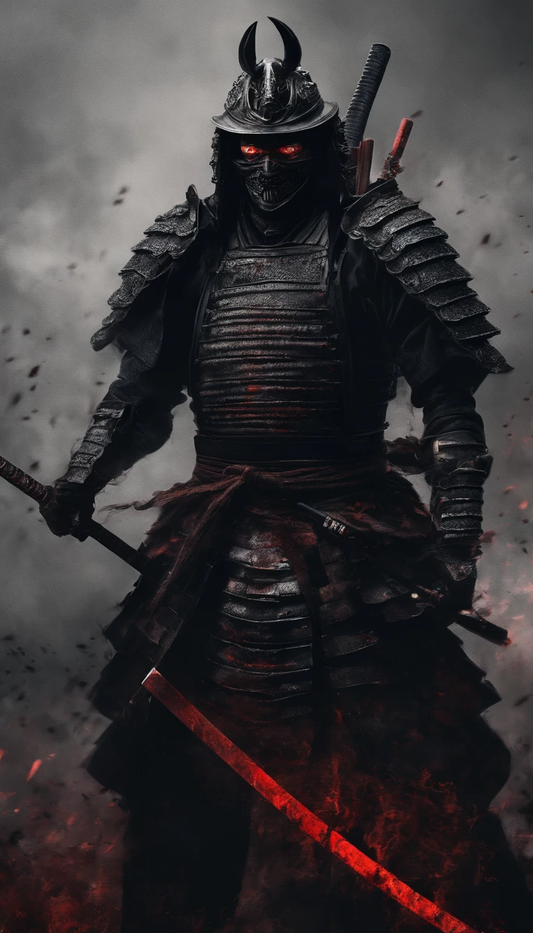 (best quality,4k,8k,highres,masterpiece:1.2),ultra-detailed,realistic:1.37,a samurai in the Sengoku period of Japan,wearing complete samurai armor,black samurai mask,holding a sharp samurai sword,the intense sense of oppression,glowing red eyes