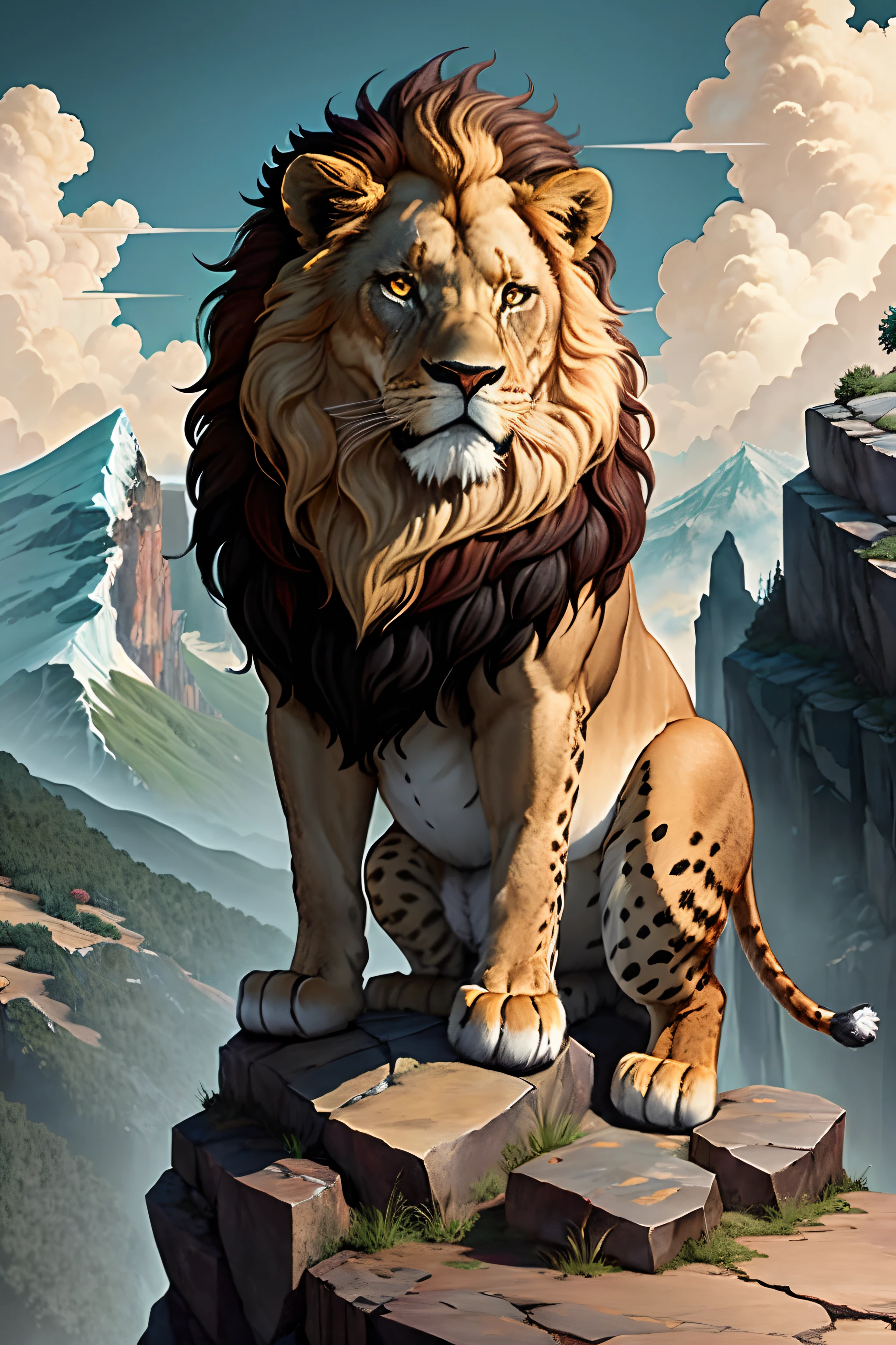 A lion stand on a rock on the edge of a mountain