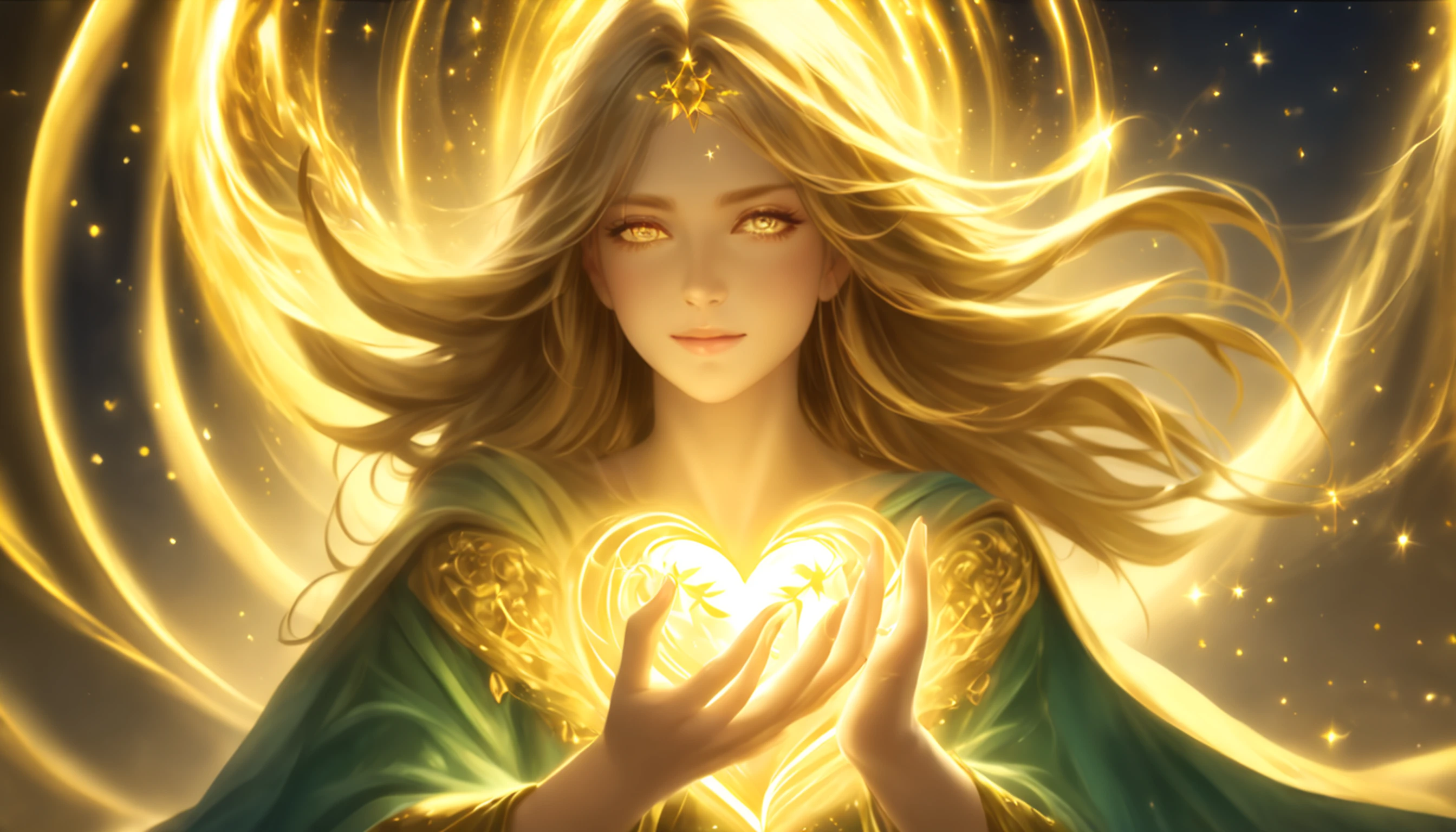 Deusa Dourada Freyer, Deusa Majestosa do Amor e da Magia, Your hands glow with mysterious power.Her hands glow warm and enchanting.His presence is a light of hope and joy.Her golden aura is、It is a glowing golden aura of love and protection.Brilho da estrela cadente、Luar dourado、Dedo bonito、Detailed heart glow at your fingertips、