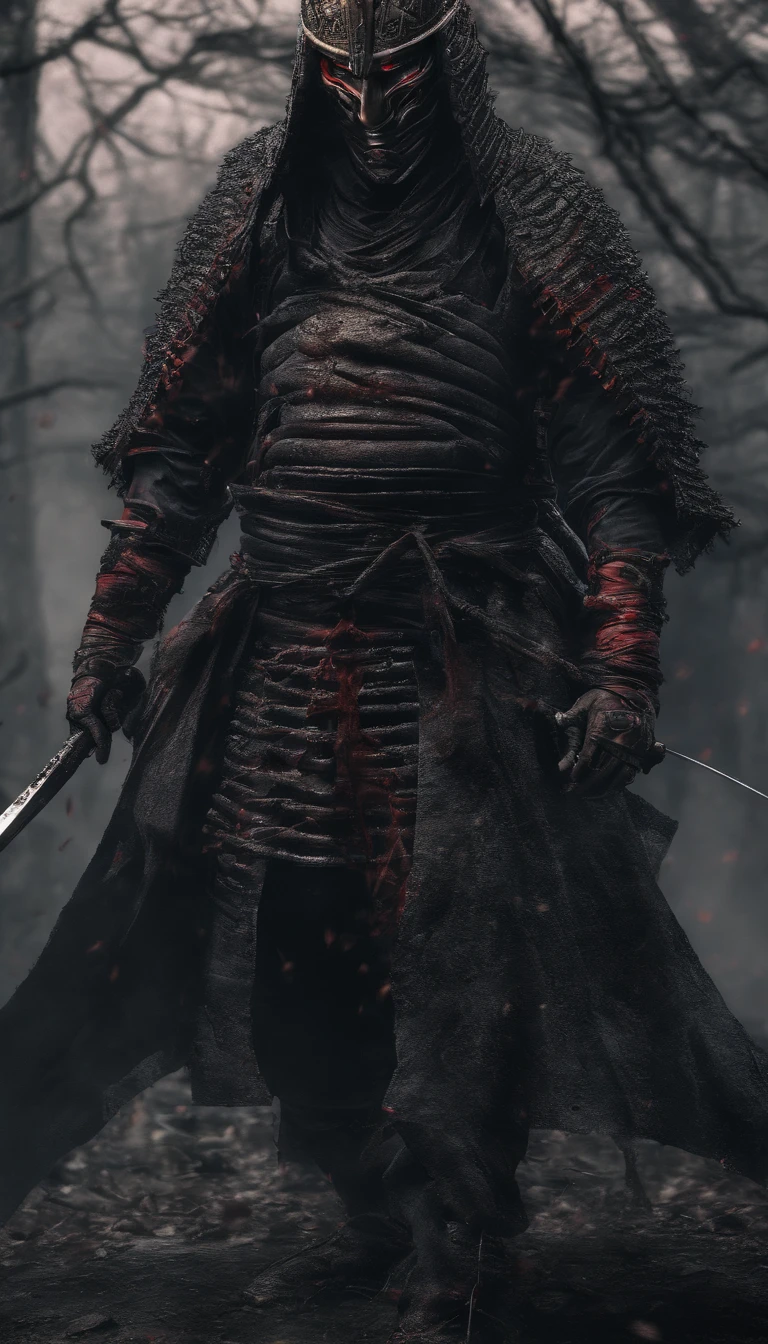 (best quality,4k,8k,highres,masterpiece:1.2),ultra-detailed,realistic:1.37,a samurai in the Sengoku period of Japan,wearing complete samurai armor,black samurai mask,holding a sharp samurai sword,the intense sense of oppression,glowing red eyes