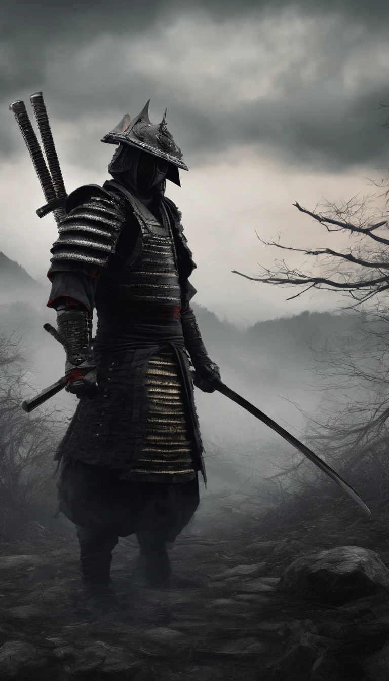 (best quality,4k,8k,highres,masterpiece:1.2),ultra-detailed,realistic:1.37,a samurai in the Sengoku period of Japan,wearing complete samurai armor,black samurai mask,holding a sharp samurai sword,the intense sense of oppression,glowing red eyes