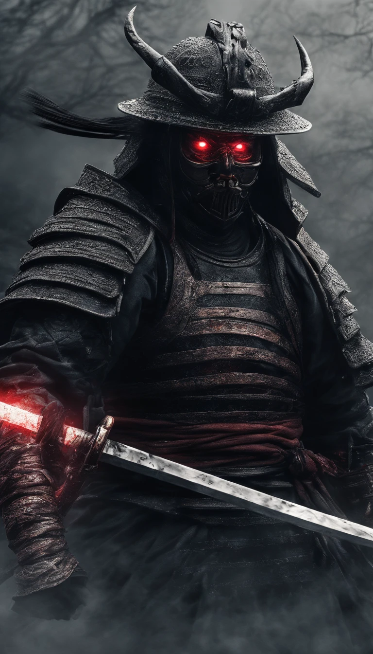 (best quality,4k,8k,highres,masterpiece:1.2),ultra-detailed,realistic:1.37,a samurai in the Sengoku period of Japan,wearing complete samurai armor,black samurai mask,holding a sharp samurai sword,the intense sense of oppression,glowing red eyes