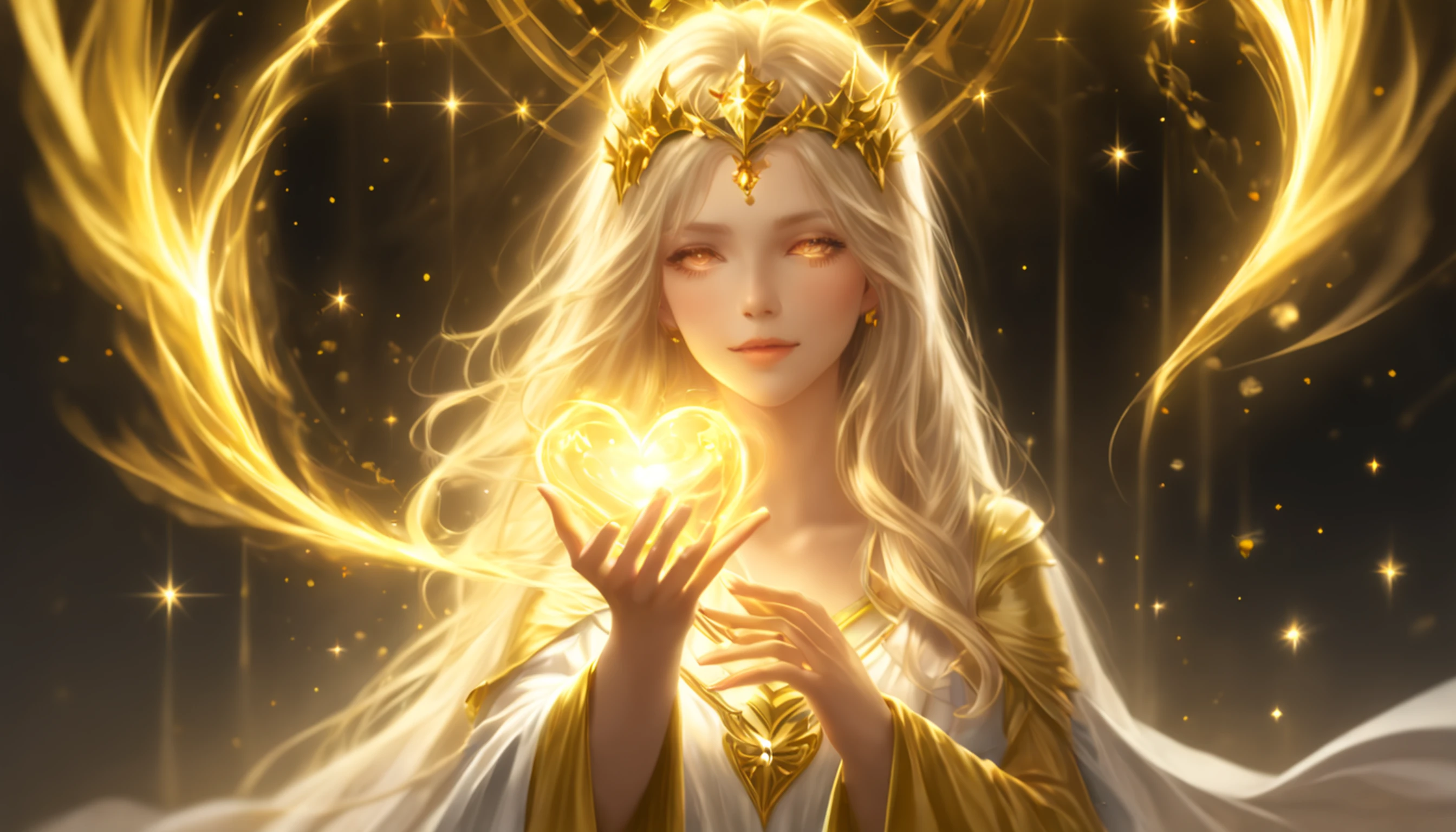 Deusa Dourada Freyer, Deusa Majestosa do Amor e da Magia, Your hands glow with mysterious power.Her hands glow warm and enchanting.His presence is a light of hope and joy.Her golden aura is、It is a glowing golden aura of love and protection.Brilho da estrela cadente、Luar dourado、Dedo bonito、Detailed heart glow at your fingertips、