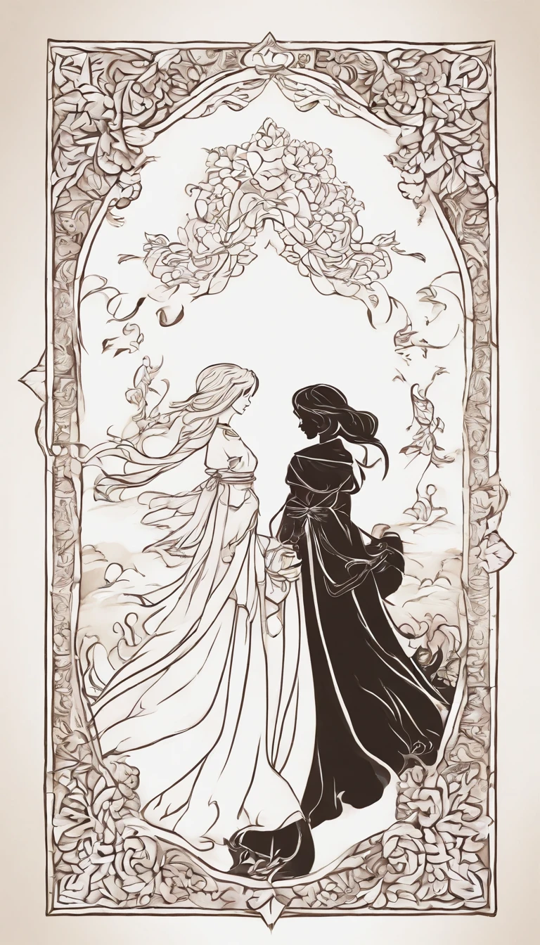 (White background:1.4),(Silhouette of two girls, one with long hair and one with short hair, Oriental elements)，(Chinese illustration:1.3，paper art:1.3, Quilted paper art:1.2),( reasonable design, Clear lines, High sharpness,Best quality, Very detailed, Masterpiece, movie light effect, 4K ) ,Brown eyes