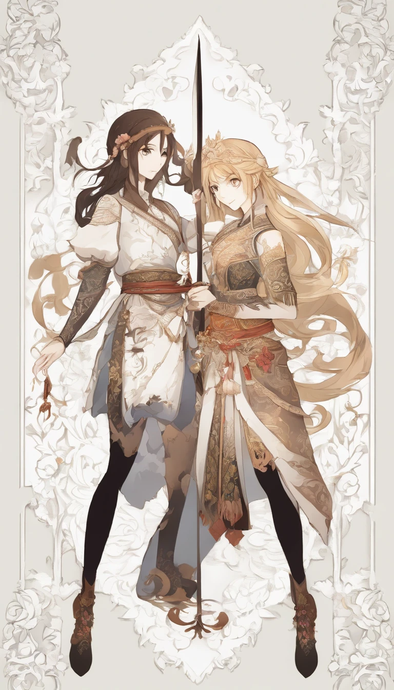 (White background:1.4),(Silhouette of two girls, one with long hair and one with short hair, Oriental elements),(Chinese illustration:1.3,paper art:1.3, Quilted paper art:1.2),( reasonable design, Clear lines, High sharpness,Best quality, Very detailed, Masterpiece, movie light effect, 4K ) ,Brown eyes