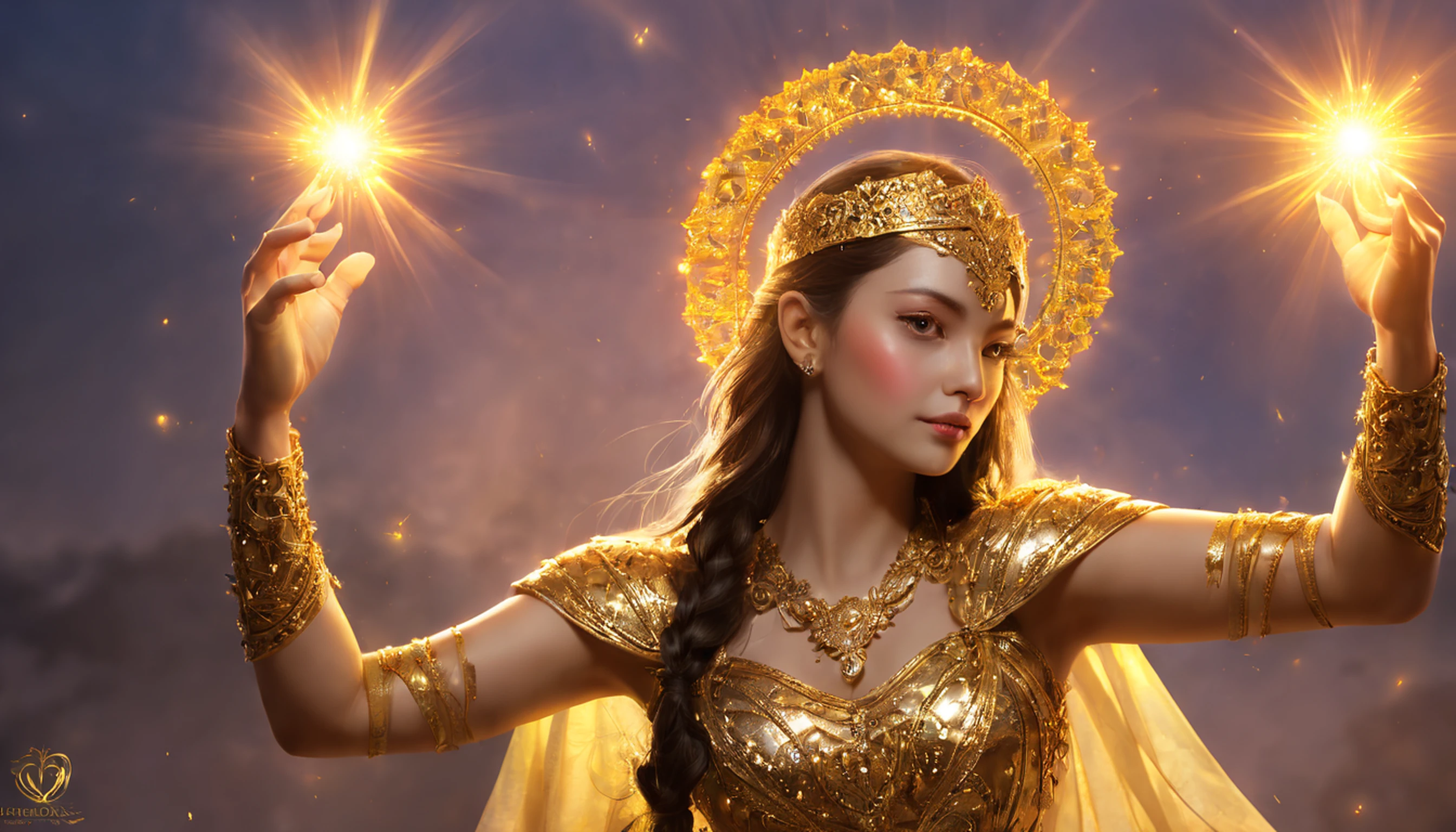 Deusa Dourada Freyer, Deusa Majestosa do Amor e da Magia, Your hands glow with mysterious power.Her hands glow warm and enchanting.His presence is a light of hope and joy.Her golden aura is、It is a glowing golden aura of love and protection.Brilho da estrela cadente、Luar dourado、Dedo bonito、Detailed heart glow at your fingertips、