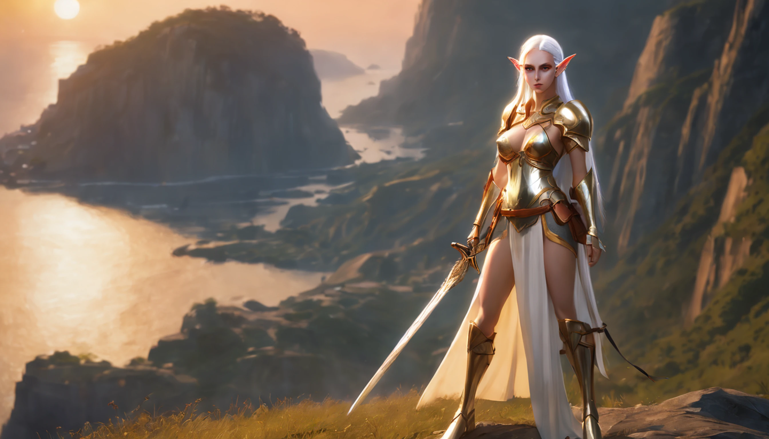 1 tall elf woman, with beautiful white hair,, best quality, (beauty), 1 girl, render based on scenery, narrow waist, thin, big eyes, long legs, (small breasts), swollen eyes, facing a cliff, late afternoon, (sunset), facing the viewer, fighting posture, (holding a sword and shield), a cold expression, Golden armor all over his body.