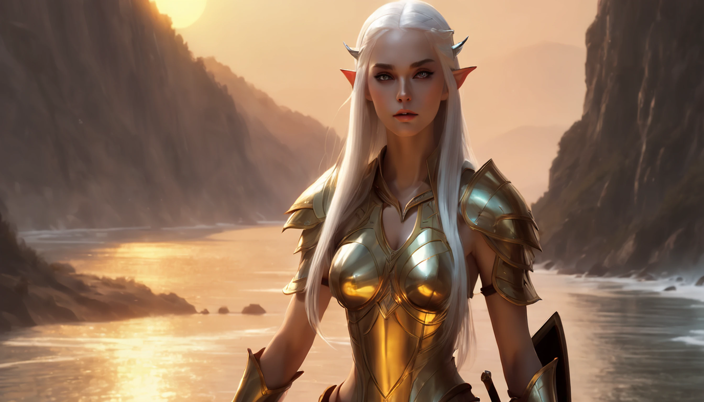 1 tall elf woman, with beautiful white hair,, best quality, (beauty), 1 girl, render based on scenery, narrow waist, thin, big eyes, long legs, (small breasts), swollen eyes, facing a cliff, late afternoon, (sunset), facing the viewer, fighting posture, (holding a sword and shield), a cold expression,  Golden armor all over his body.