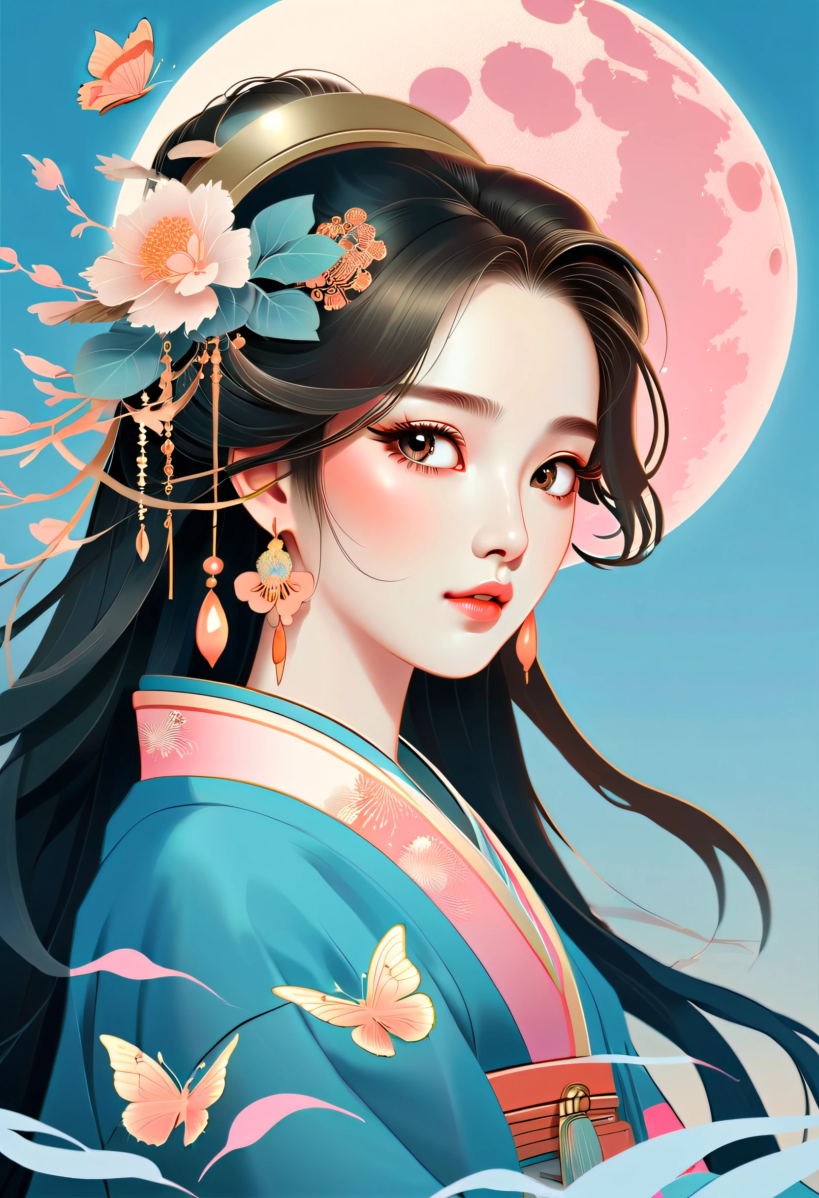 Vector illustration，Flat illustration，A young and beautiful Japanese anime girl，Looks like Liu Yifei，Watery eyes，Exquisite facial features，head gear，butterflys，Behind him there is a decorated moon， Light blue and pink, Vividly depict movement, Bell Stone, carefully designed, Margaret Brasingham, Light gold and orange，National style，illustration，Chinese style