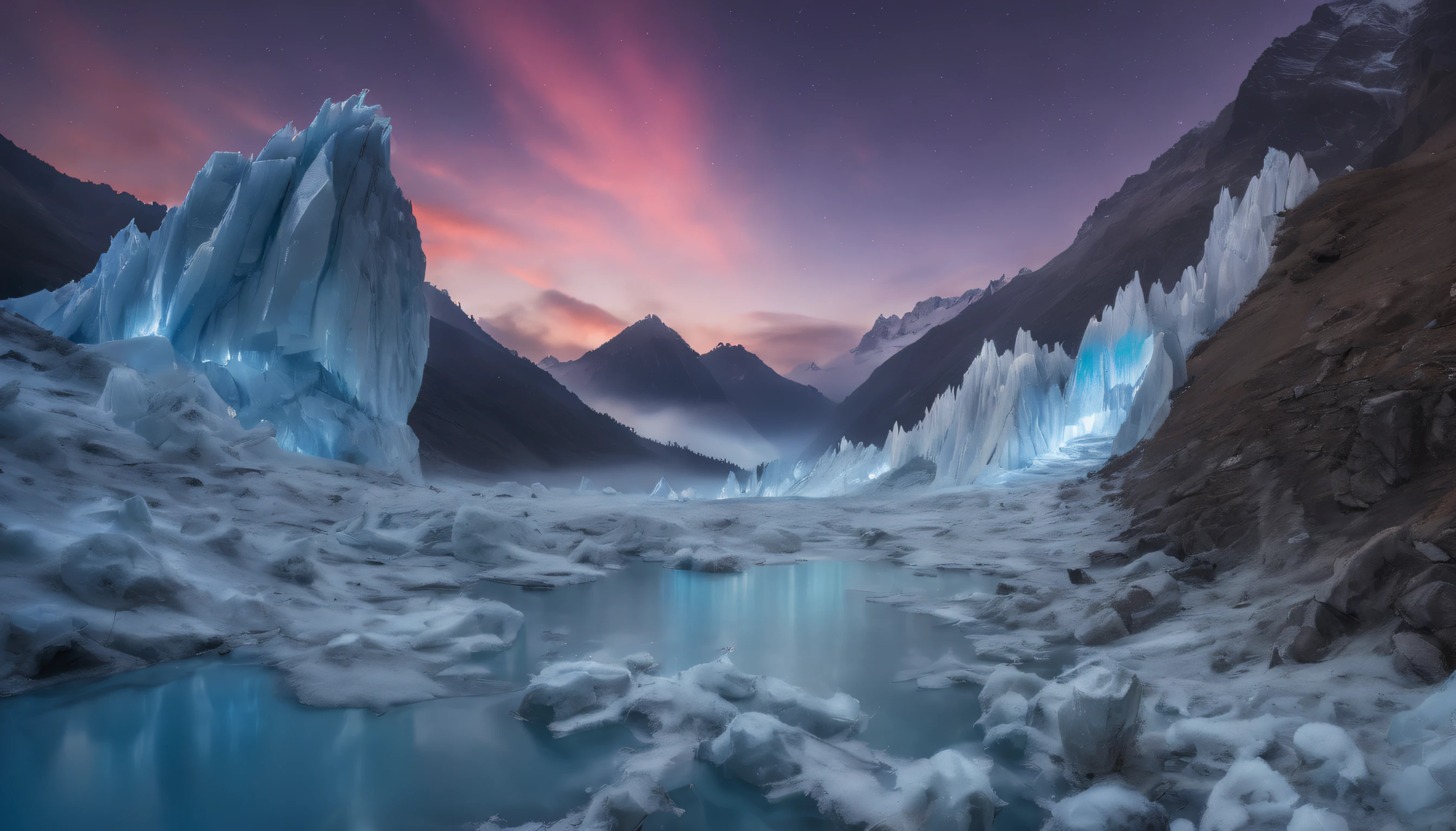 A mystical scene unfolds high in the Himalayan mountains as rime ice glistens on jagged cliffs. Transform this serene landscape into a spectacle of bioluminescent wonder, with vibrant hues and ethereal light casting an enchanting glow upon the icy formations. Embrace the inherent luminosity of the rime ice, crafting an otherworldly vision that transports viewers to a realm where nature and luminescence collide in breathtaking splendor.