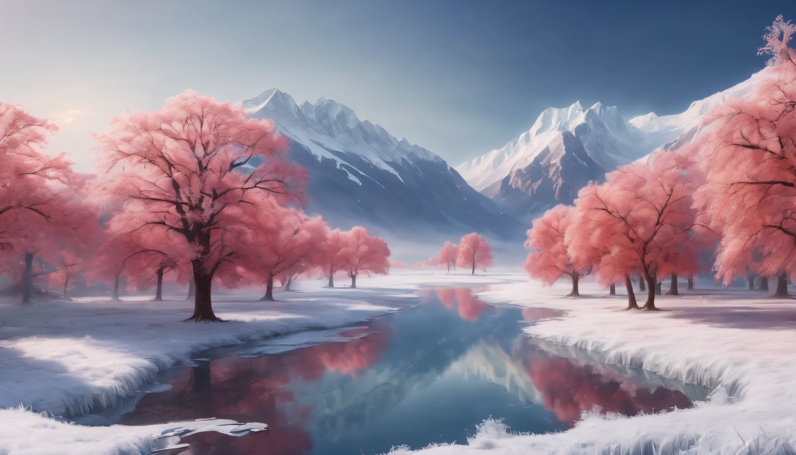 a tranquil river flows through the sparse, (rime ice on big oak trees :1.3), (big red house), scenery, himalayan mountain, chromatic aberration, ray tracing, reflection light, chromatic aberration abuse, super detail, masterpiece, high quality, best quality, 16k