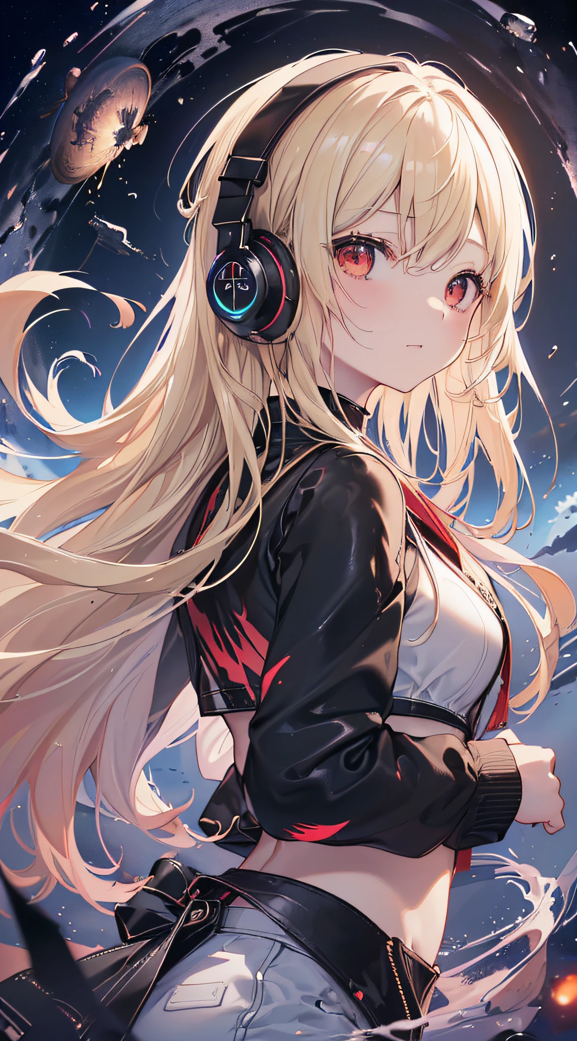 top-quality、Top image quality、masterpiece、girl with((cute little、18year old、Best Bust、Medium bust、Bust 85,Red eyes to issue、Breasts wide open,Valley、Blonde long hair、A slender、Black leather bra、White trousers、happily face、weightless、float、splatters、levitation、Headphones with black microphone、posterior view)hiquality、Beautiful Art、Background with((sky at night、mid air、meteors、black hole)),masutepiece、Elaborate design、visualart、depth of fields、Being in the air、weightless