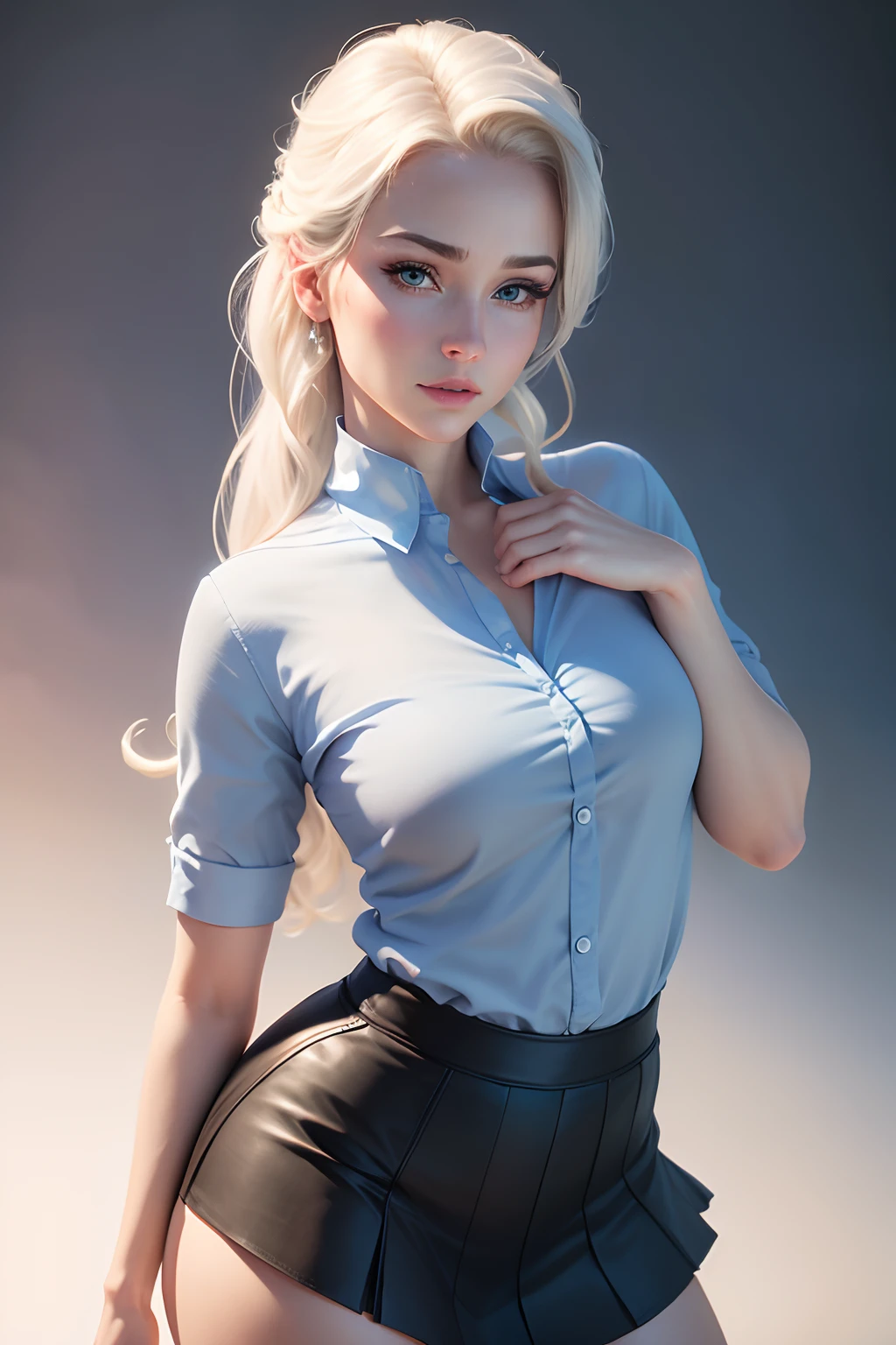 realistic elsa,with sexy student skirt is school class, 8k resolution, (best quality: 1.1), (anatomically correct: 1.1), (perfect hand: 1.1 ), ( (Facial Detail: 1.3)), (Skin Detail), (Perfect Eyes), (Perfect Nose), (perfect hand fingers)