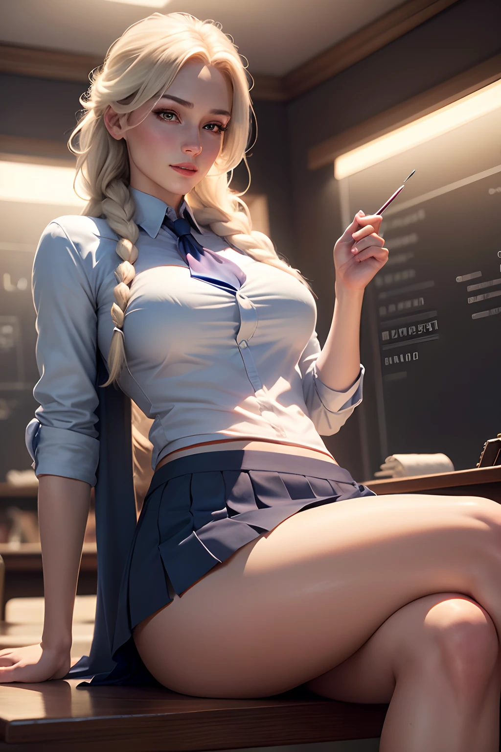 realistic elsa,with sexy student skirt is school class, 8k resolution, (best quality: 1.1), (anatomically correct: 1.1), (perfect hand: 1.1 ), ( (Facial Detail: 1.3)), (Skin Detail), (Perfect Eyes), (Perfect Nose), (perfect hand fingers)