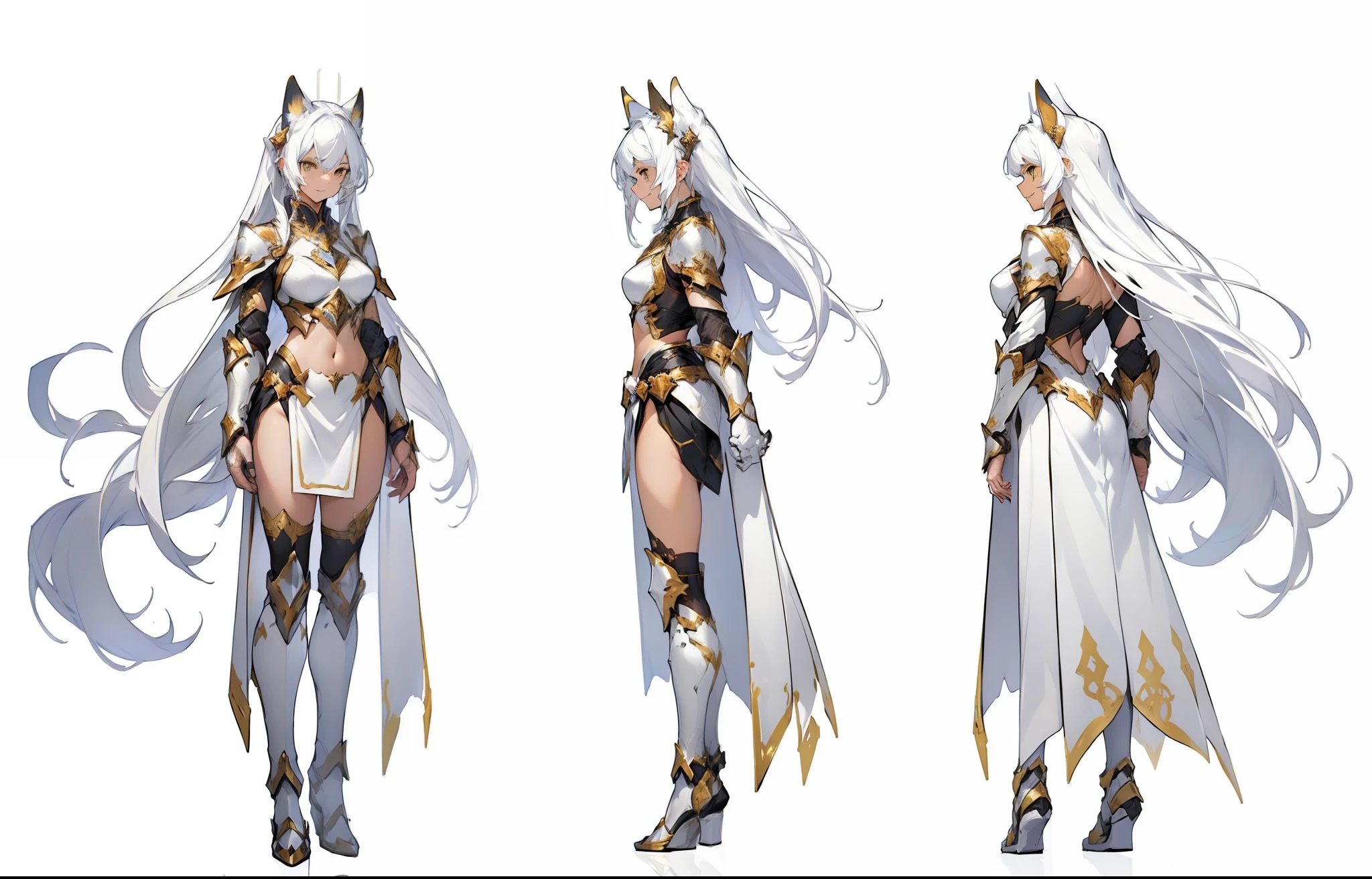 reference sheet, matching outfit, (front angles, side angles, rear angles), (white hair, long straight hair, front fringe, yellow eyes, cat ears), smile, relaxed face, white bikini armor, intricate design, 6 and half head full body size, medium breast, paladin ((full body concept, head to toe)), ((same character)), exposed thigh, ((long straight hair)), ((white background:1.8)), white and gold armor, white armor boots, white and gold cloth, (((same character, front, side, back))), (white background:1.8, empty background: 1.5), (white cat ears), ((same character: 1.8)), (consistent character:1.5), ((white and gold armor)), exposed stomach, belly button,