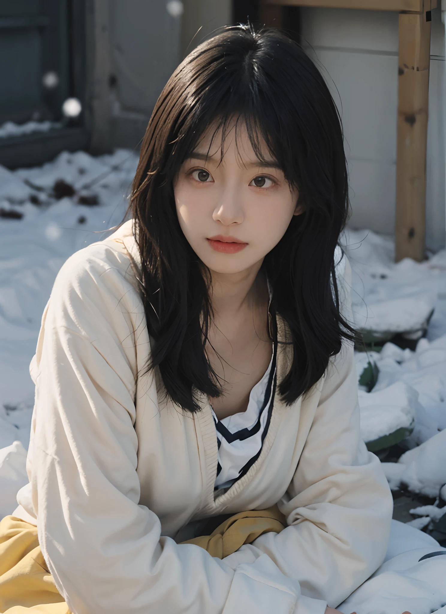 best qualtiy， 超高分辨率， （realisticlying：1.4）， Girl， A pair of eyes as clear as snow,Royal Sister，Black long straight，yellow school uniforms， looking at viewert， closeup cleavage ，