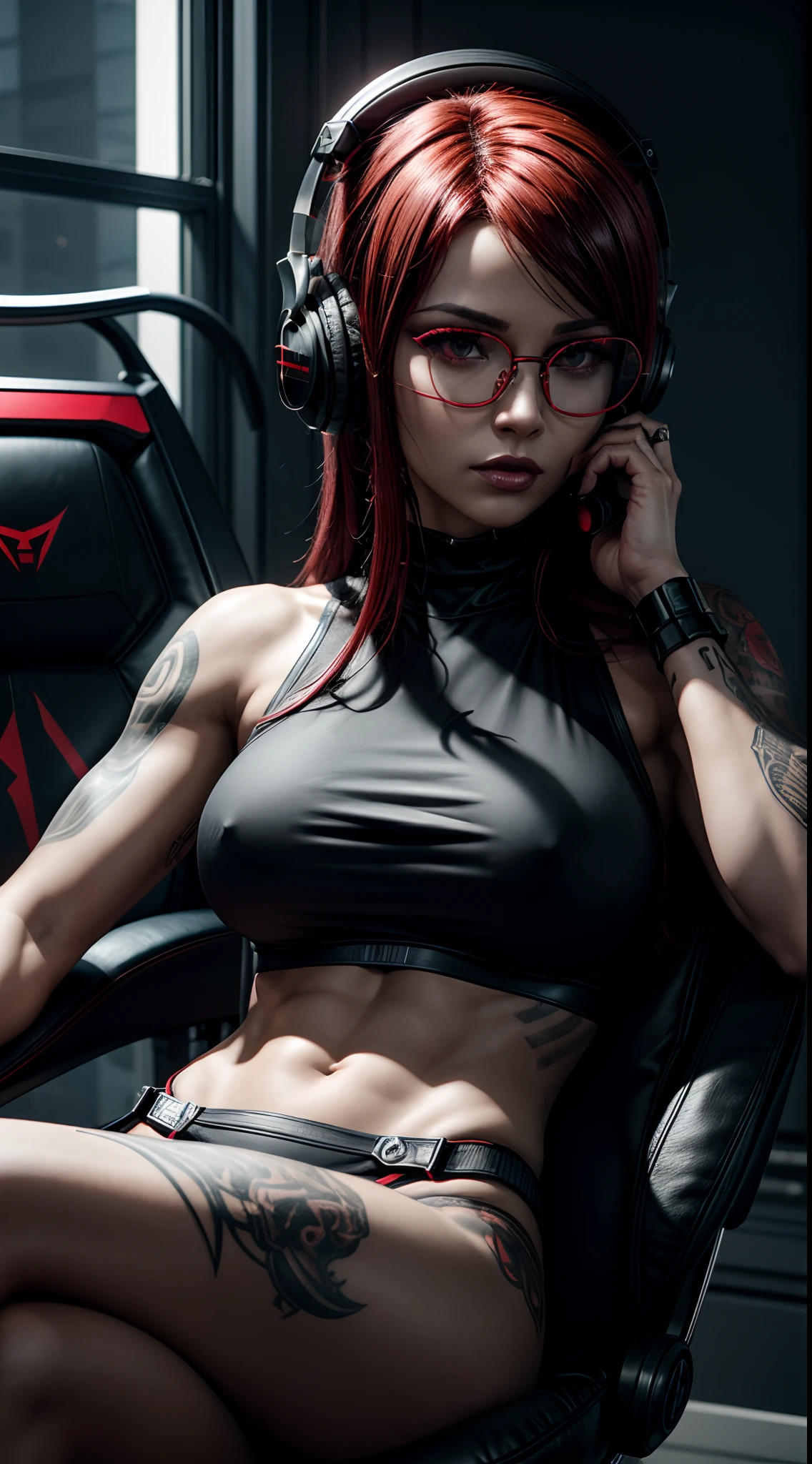 Beautiful woman,solo, focus, black and red hair, massive perfect breast, muscular body, tattoos,goth girl,((headphones, glasses)) futuristic apartment, sitting, gaming chair, dynamic pose, ultra realistic detailed, ray tracing cinematic shot, unreal engine 5, award winning image,