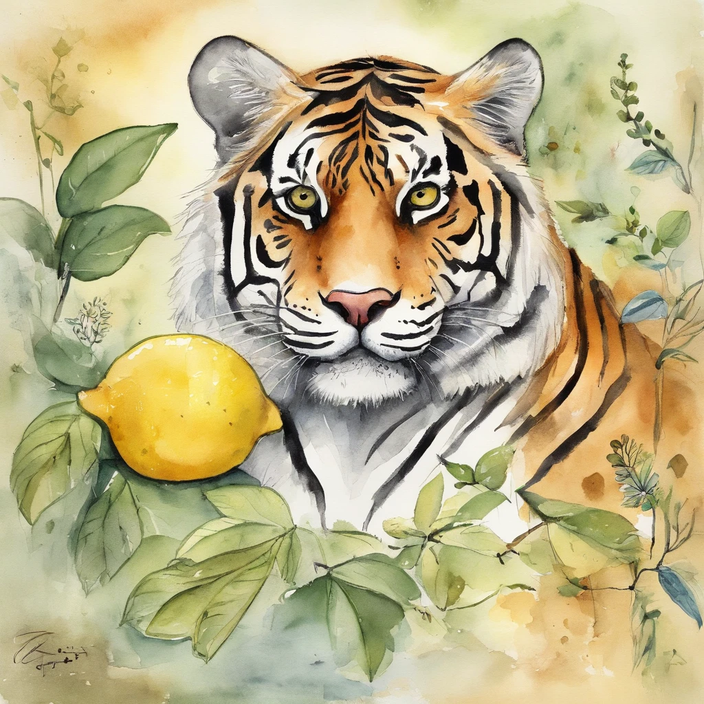 a tiger、kawaii、lemon、naturey、organics、picture book、line-drawing、simple、charicature、Poor drawing