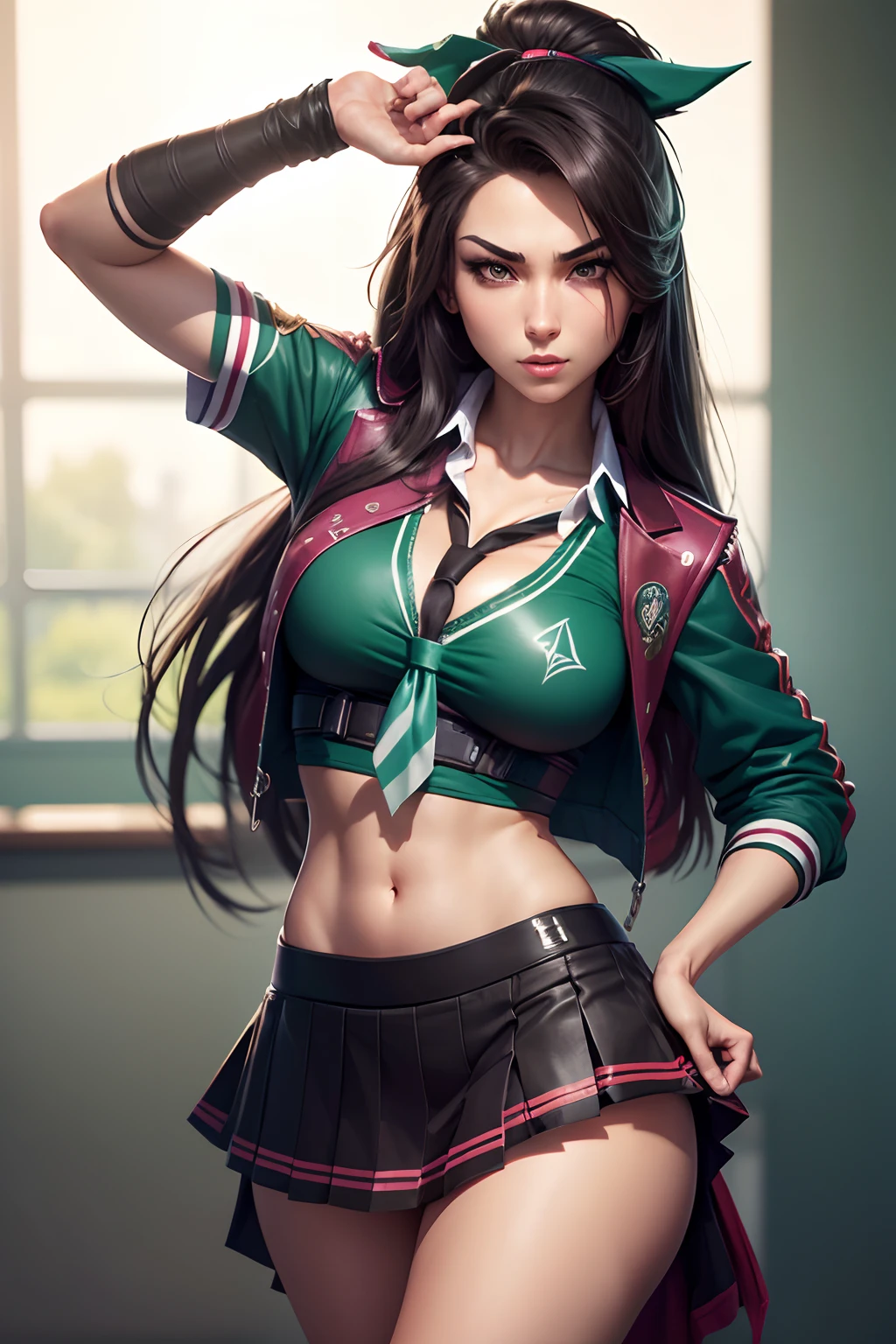 realistic akali,with sexy student skirt is school class, 8k resolution, (best quality: 1.1), (anatomically correct: 1.1), (perfect hand: 1.1 ), ( (Facial Detail: 1.3)), (Skin Detail), (Perfect Eyes), (Perfect Nose), (perfect hand fingers)