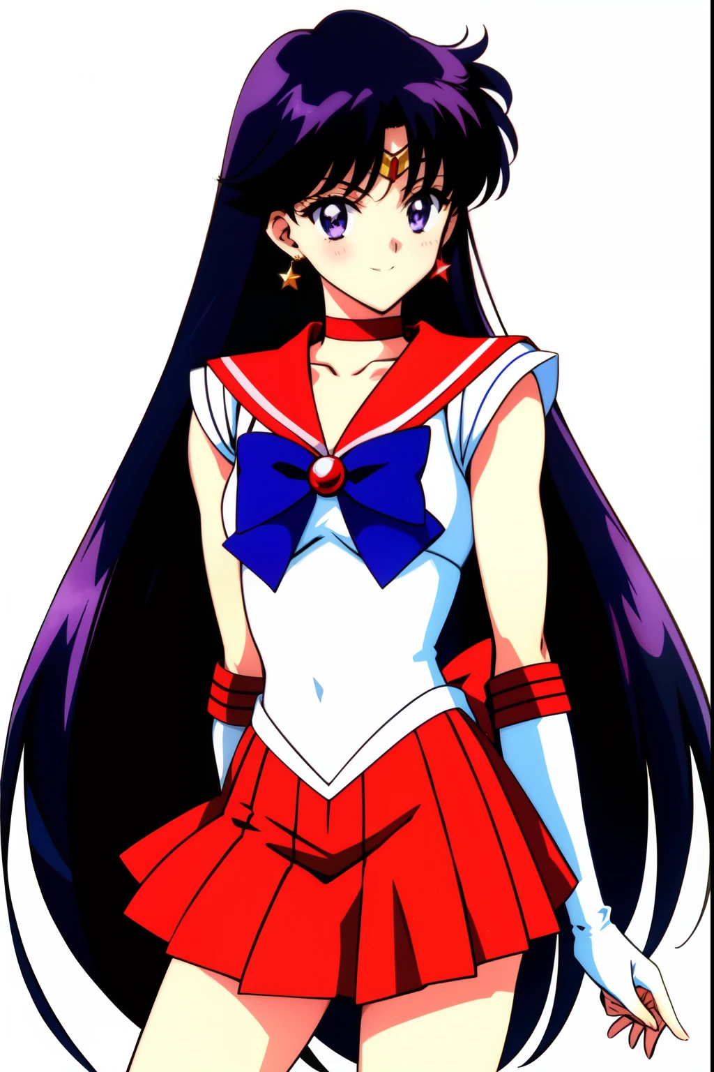 Anime Boy、Cool boys、Junior high school boys、gender change、gender change(Girls to boys)、Rei Hino、Sailor Mars、Sailor Senshi Uniform、rating:safe、solo、a red choker、Red sailor collar、Blue bow tie、skirt、white glove、elbowgloves、Boy with very long black hair、Magical Boy、a red skirt、Boy with Purple Eyes、Star earrings、jewelry、fire、smile、back_boｗ、White leotard、highleg leotard、robe blanche、cowboy_shot、bow、circlet、star_(symbol)、a miniskirt、pleatedskirt、official_style、between_fingers、Boy standing、looking_at_viewer、bangsblue_bow、Muscular men、brooch、Bare shoulders、bare legs、1990's\(styles\)