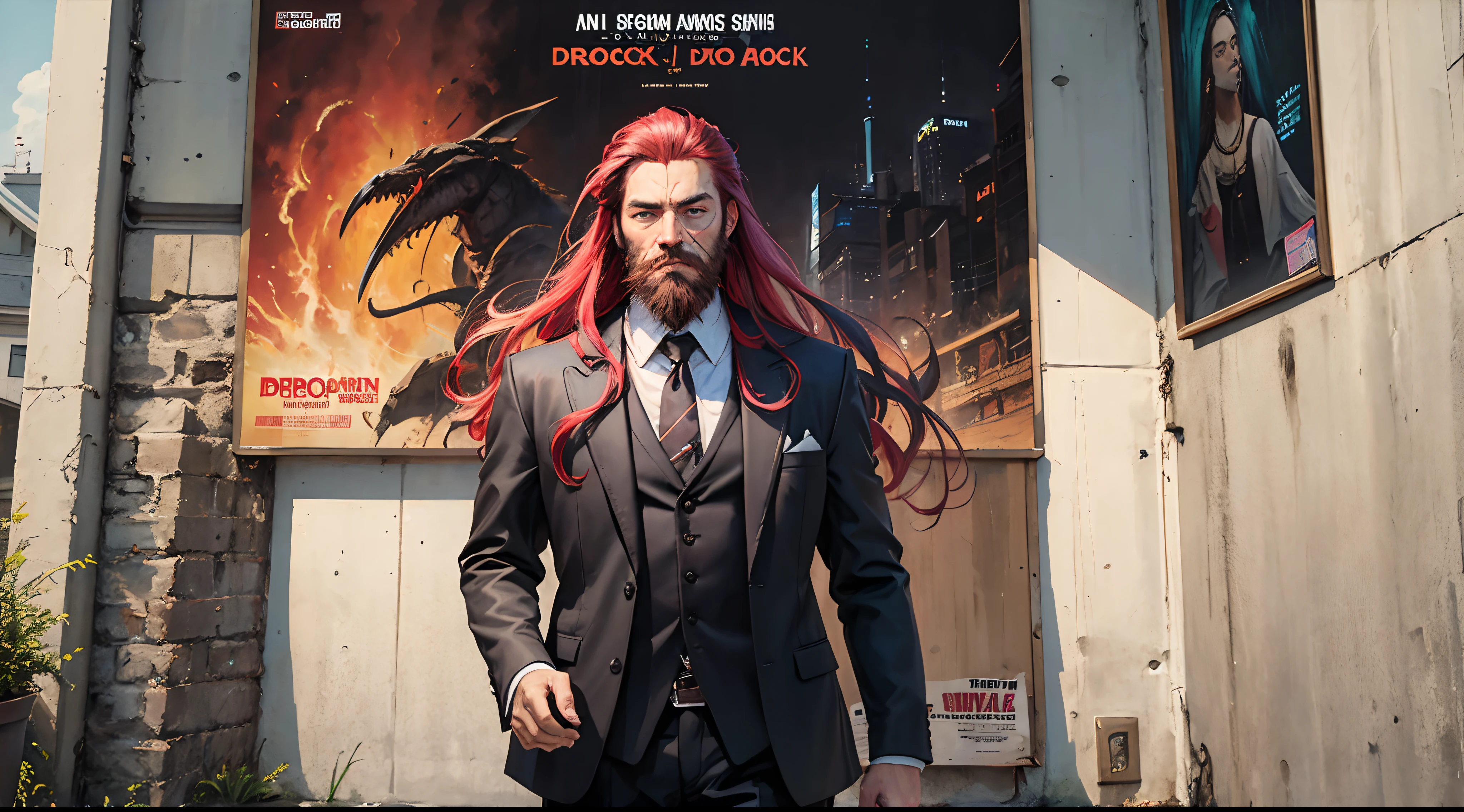 A poster of a long beard man with dredlock colorful hair, oil painting, wearing a suit, a movie poster