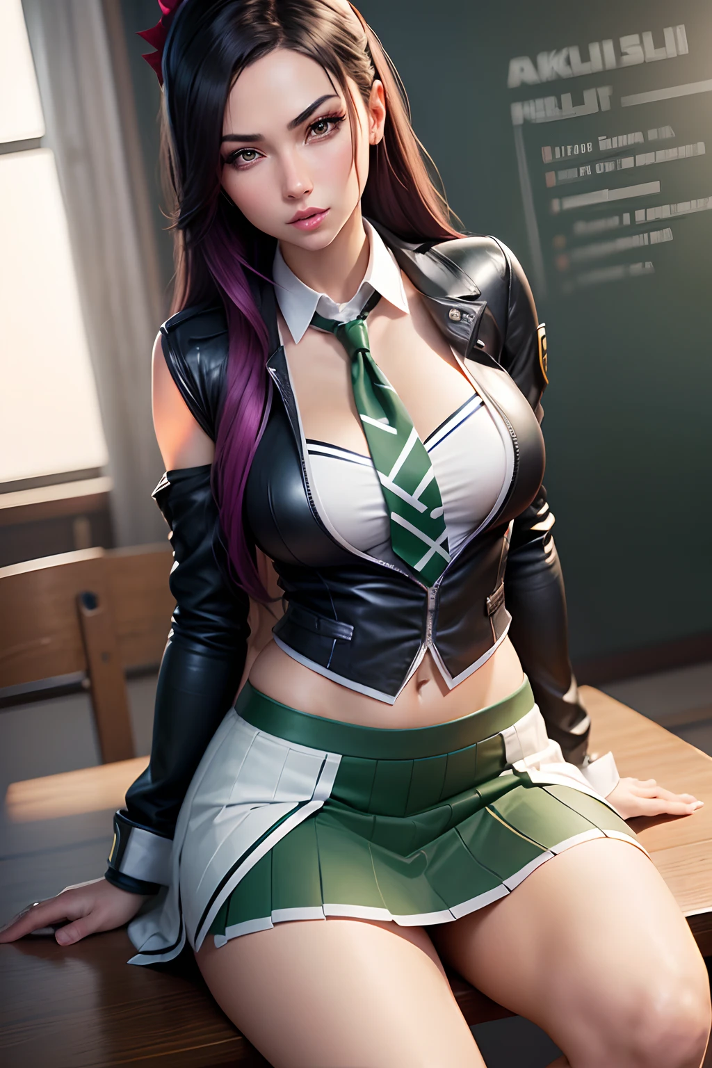 realistic akali ,with sexy student skirt is school class, sitting on table, 8k resolution, (best quality: 1.1), (anatomically correct: 1.1), (perfect hand: 1.1 ), ( (Facial Detail: 1.3)), (Skin Detail), (Perfect Eyes), (Perfect Nose), (perfect hand fingers)