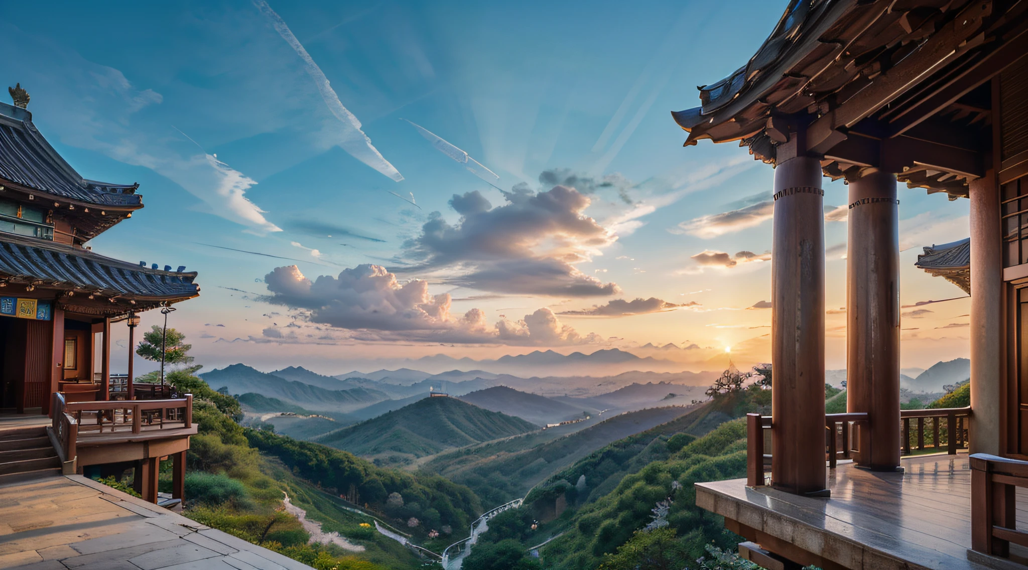 Scenery of Korea, Korean beauty, Healing Forest, A Moment of Healing, Time for Meditation, (Breathtaking views:1.1),A sky full of clouds,Sacred, Celestial Light,cliff,colourful colors,alluring atmosphere,Phenomenal Scenery,Majestic clouds,Majestic views,Dramatic cliffs,Unimaginable Beauty,Celestial Light,Dreamy panoramas,Serene and charming,Unforgettable scenery,impressive,Sublime Vision,Amazing natural wonders,Otherworldly vibes,magnificent view,Silent and paradisiacal,enchanted scenery,superb view,Dazzling colors,Amazing show,Tranquility and serenity,Magnificent sunset,Shining Sky,Quiet and peaceful atmosphere,Subtle and seductive,Magnificence and beauty,Sublime and subtle,Unreal and impressive,Unforgettable sublimity,Divine and fascinating,breathtaking, Beautiful and magical,Fascinating and surreal, Alawi Pagoda(Alawi Pagoda)is in the park,There are legs and legs, Beautiful renderings of Korea, Ancient Korean Architecture, Cyberpunk Korean Ancient Castle, Korean Architecture, Korean Palace, Korean-style building, Korean Temples, digital painting of a pagoda, With the Aesthetics of Ancient Korea, Brilliant Skies,flying birds