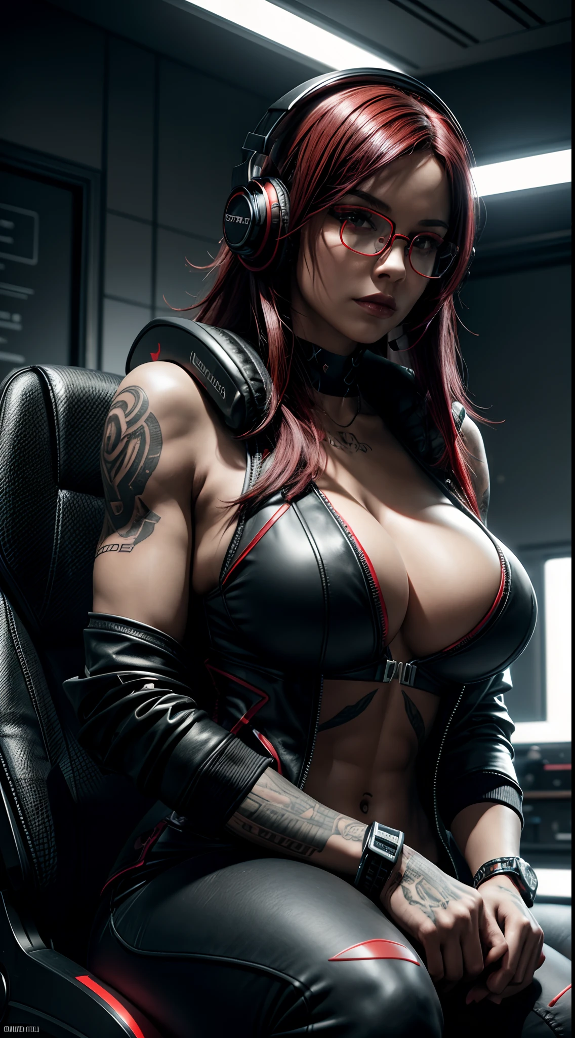 Beautiful woman,solo, focus, black and red hair, massive perfect breast, muscular body, tattoos,goth girl,((headphones, glasses)) futuristic apartment, sitting, gaming chair, dynamic pose, ultra realistic detailed, ray tracing cinematic shot, unreal engine 5, award winning image,