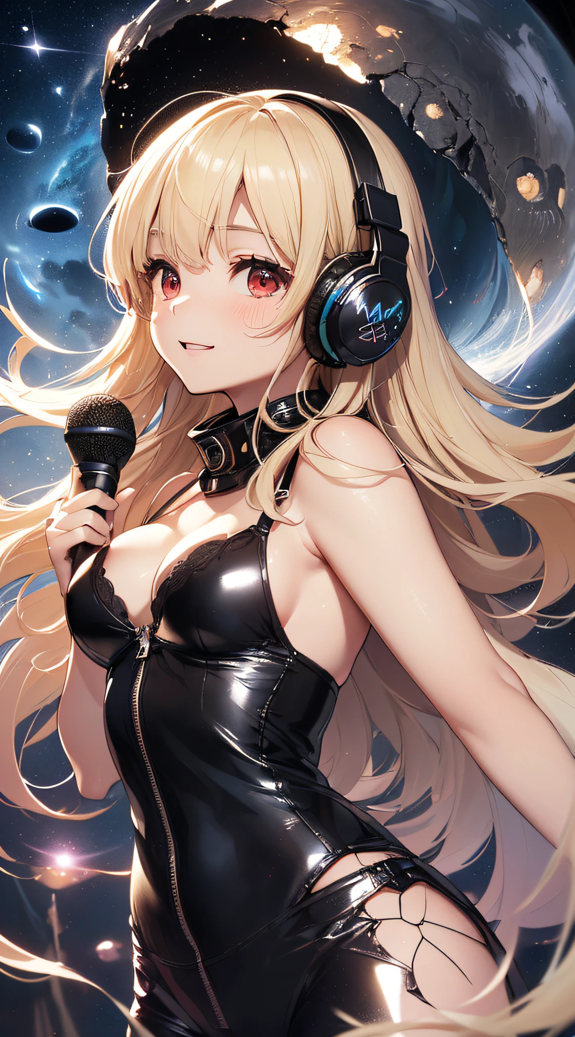 top-quality、Top image quality、masterpiece、girl with((cute little、18year old、Best Bust、Medium bust、Bust 85,Red eyes to issue、Breasts wide open,Valley、Blonde long hair、A slender、Black leather bra、White trousers、happily face、weightless、float、splatters、levitation、Headphones with black microphone、posterior view)hiquality、Beautiful Art、Background with((sky at night、mid air、meteors、black hole)),masutepiece、Elaborate design、visualart、depth of fields、Being in the air、weightless