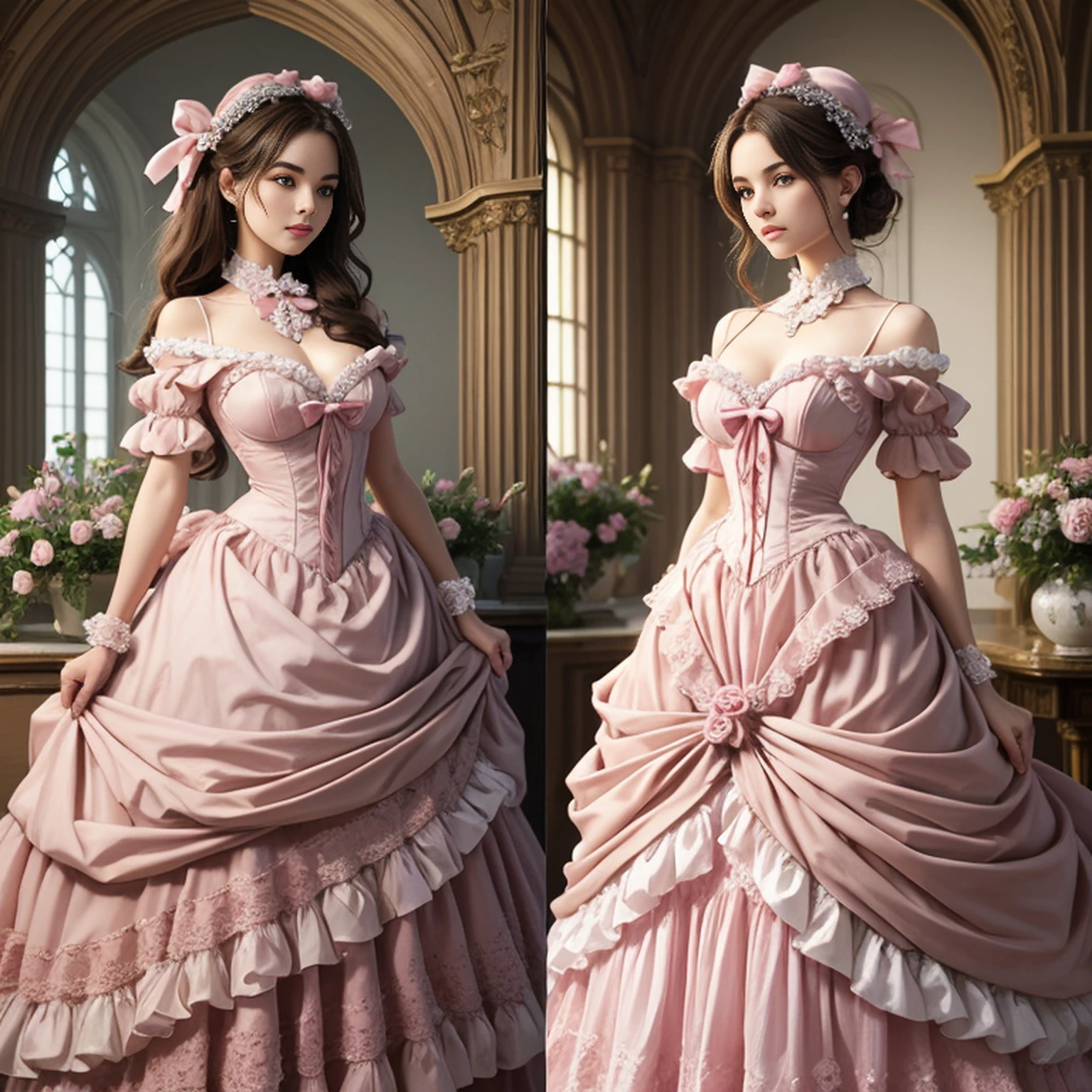 best quality, masterpiece, best definition, artwork, super detailed, many details, details, detailed, woman, 20 years, full body, full body, ball gown, super detailed dress, long dress, dress with many ruffles, dress with many bows, pink bows, victorian dress, detailed victorian dress, victorian dress with bows, pink, ruffles, perfect skin, whole body,  brown hair. --auto --s2