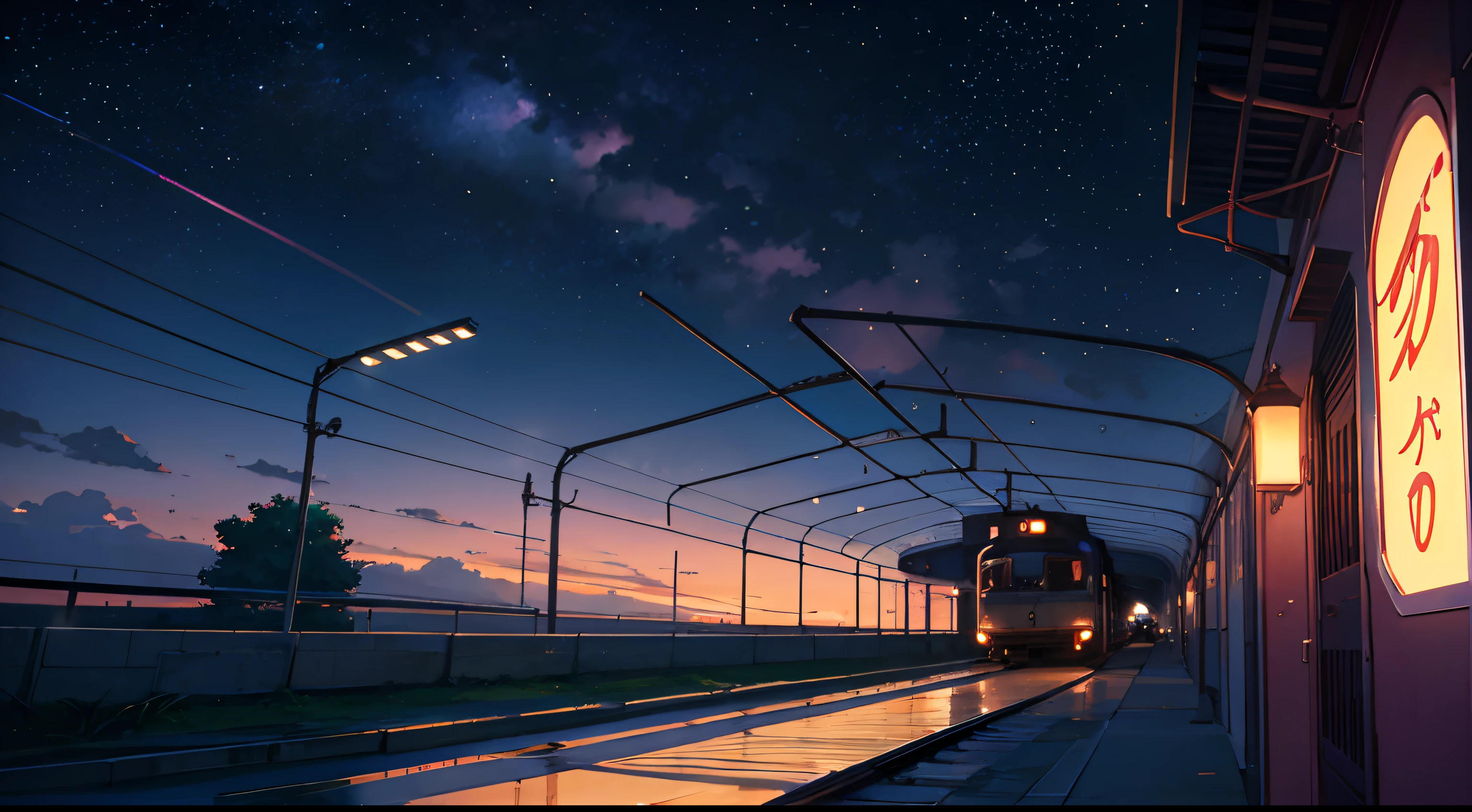 Collaboration between digital art and ink painting, Belleza,Sonriendo con lentes de contacto de colores en sus ojos, cuerpo completo,Caminar con un muslo, Longshot , The background is the interior of the station in summer Anime scene with train passing under pink and purple sky, dibujo de anime por Makoto Shinkai, Tendencias en Pixiv, magic realism, Hermosa escena de anime, cosmic sky. por Makoto Shinkai, ( ( Makoto Shinkai ) ), por Makoto Shinkai, Arte de fondo del anime, Estilo Makoto Shinkai. mejora de detalles, Procesamiento de detalles perfecto. Anime train passing through a body of water on the tracks, (Cielo estrellado brillante:1.2)。Romantic Train,Foto por Makoto Shinkai,Pixiv,Concepto-Arte,Laffy Art Style,Reflectores。 por Makoto Shinkai, arte lofi, hermosas escenas de anime, Paisajes de anime, detailed scenery —width 672, Al estilo de Makoto Shinkai, estilo de makoto shinkai,mejora de detalles。 primer plano