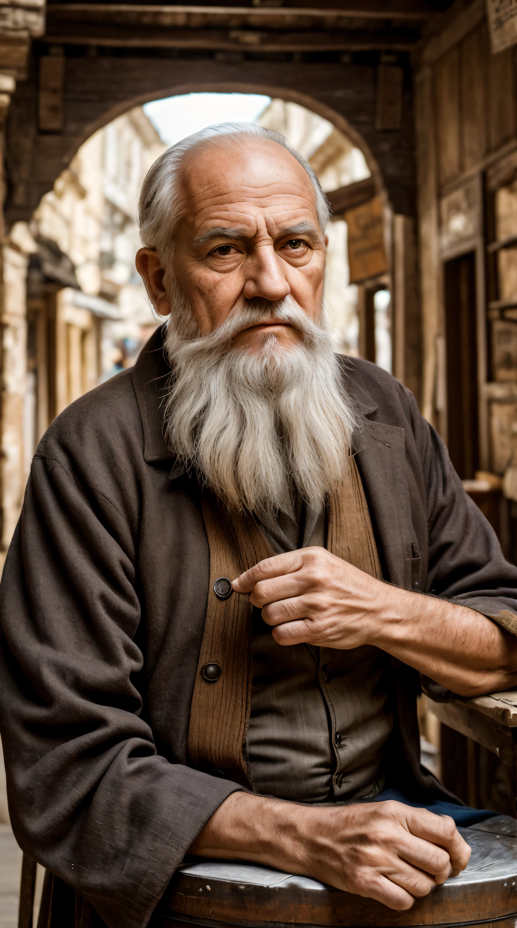 An old man, simple appearance, detailed face, sitting in a barrel, in the bustling marketplace, with a sunlit background, realistic lighting, warm color tones, detailed texture, oil painting material, high resolution (best quality, 4k, ultra-detailed, photorealistic:1.37), portraying the essence of simplicity and philosophy, showing the wisdom and tranquility of the old man, capturing the atmosphere of the ancient marketplace, with vibrant colors, portraying the historical background, highlighting the old man's character and personality, with intense detail and clarity, emphasizing the wrinkles on the man's face and hands, with a touch of surrealism to add a hint of imagination to the scene, resembling a Renaissance portrait, capturing the spirit of Diogenes, the ancient Greek philosopher, deep in contemplation, surrounded by curious onlookers, conveying a sense of curiosity and wisdom through the old man's penetrating gaze, and capturing the blend of ancient and modern elements in the marketplace.
