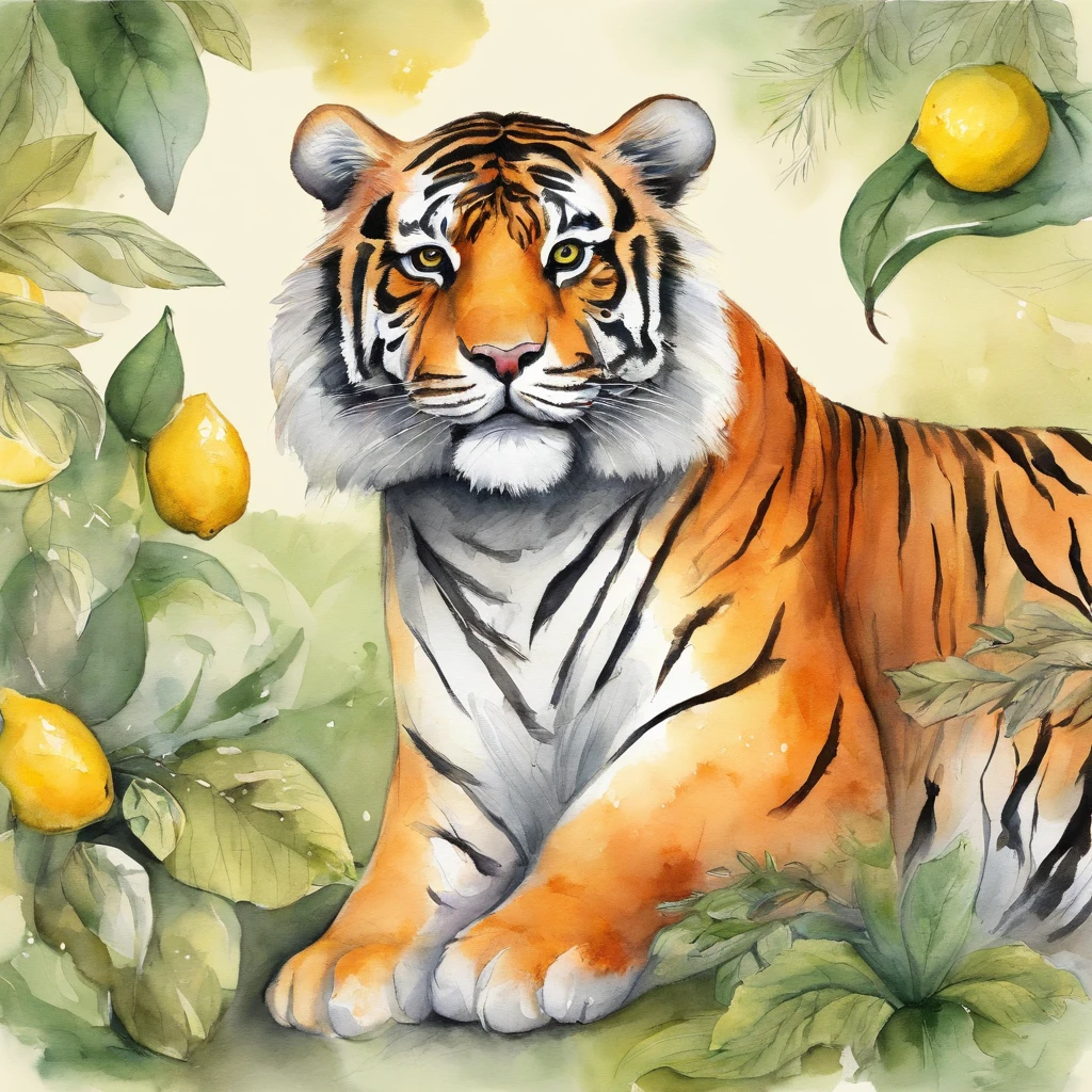 a tiger、kawaii、lemon、naturey、organics、picture book、line-drawing、simple、charicature、Pen drawing