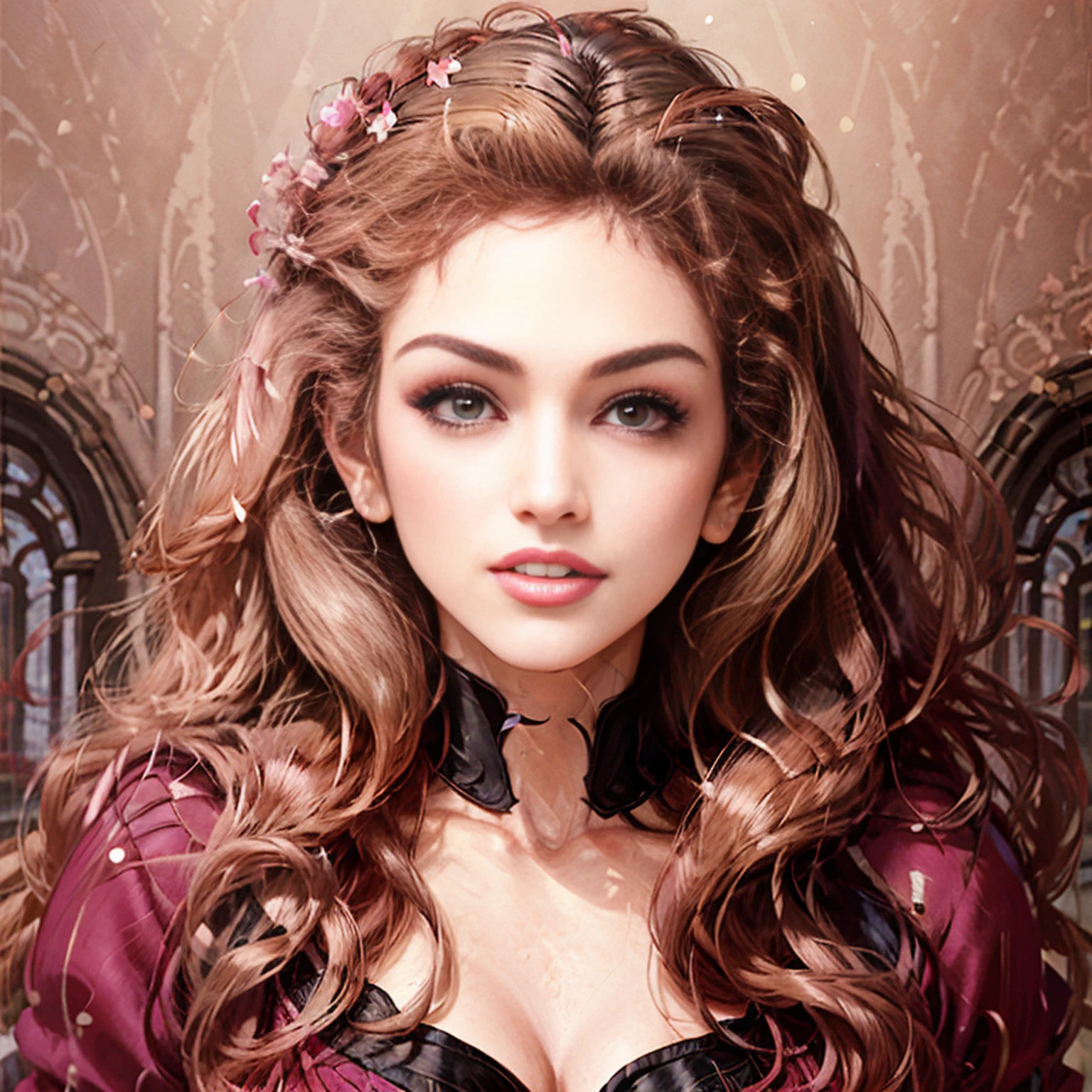 This is a realistic fantasy artwork set in the castle's enchanted rose garden. Generate a proud woman with a highly detailed face dressed in the folds of a stunning French silk ball gown. The woman's sweet face is ((((altamente detalhado, with realistic and smooth features, puffy lips.)))) The ball gown is embellished with ruffles, Faixas, e arcos e um, mas intrinsecamente, Hand-embroidered bodice. O espartilho apresenta fita de seda. The woman's stunning eyes are beautifully detailed, with realistic shading and multiple colors and high resolution. The woman is in a garden of eternal roses, cada um lindamente formado e altamente detalhado. Estas rosas realistas apresentam tons cintilantes de rosa, amarelo, laranja, e vermelho cintilante. The eternal rose is a deep shade of red with sparkling pink tones and tones. Garantir que o rosto da mulher, Hair, and the eyes are perfect. realismo, alta fantasia, fantasia caprichosa, storybook fantasy, fantasia de conto de fadas, Detalhes da fantasia, Encantadora, Encantadora, 8k, Contrata, .cgi, pintura digital, unidade, Motor irreal, (((master part))), intrincado, elegante, altamente detalhado, majestoso, fotografia digital, Arte de Artgerm e Ruan Jia e Greg Rutkowski, (master part, belos olhos finamente detalhados: 1.2), HDR, textura de pele realista, (((1Mulher))), (((sozinho))), Inclua um rosto altamente detalhado, Rosto extremamente detalhado, e fundo interessante.