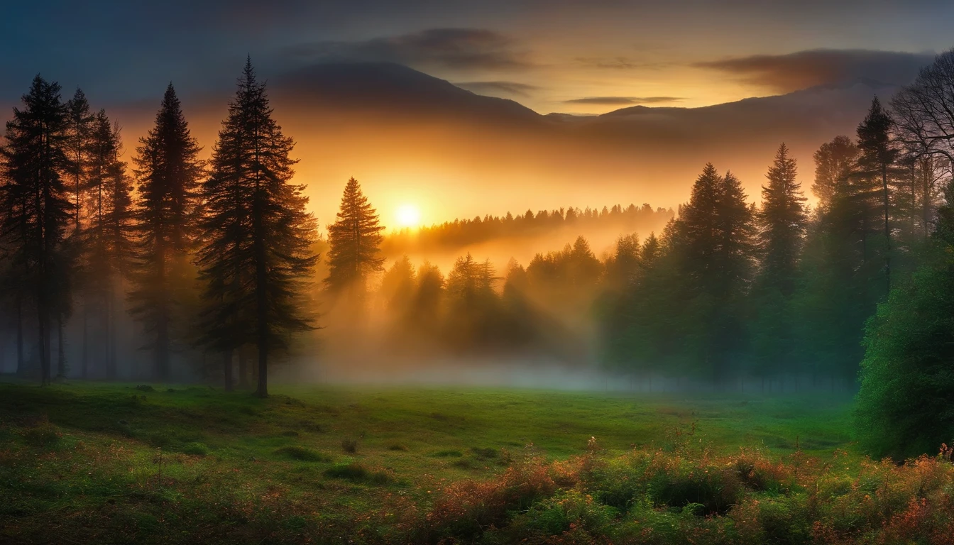 a misty forest at sunrise.